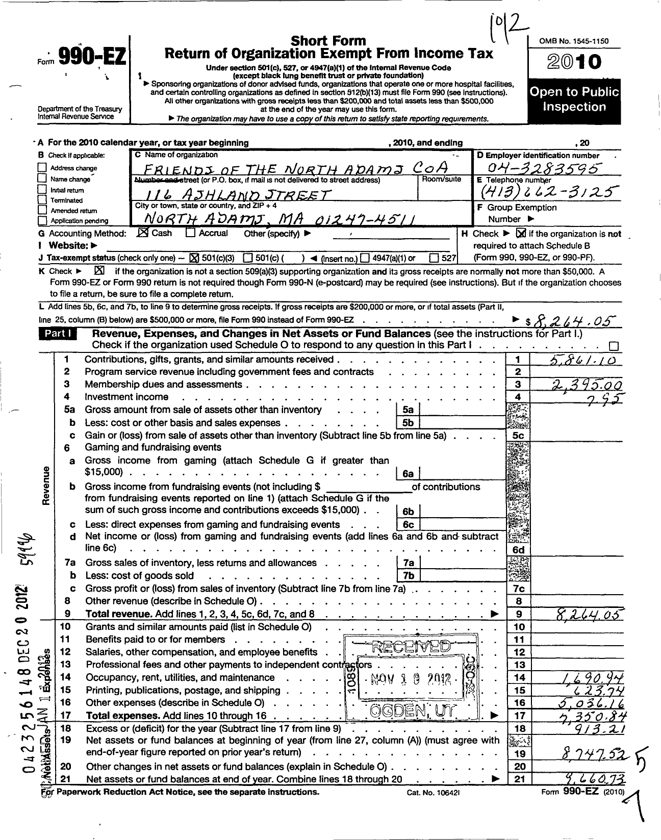 Image of first page of 2010 Form 990EZ for Friends of the North Adams Council on Aging