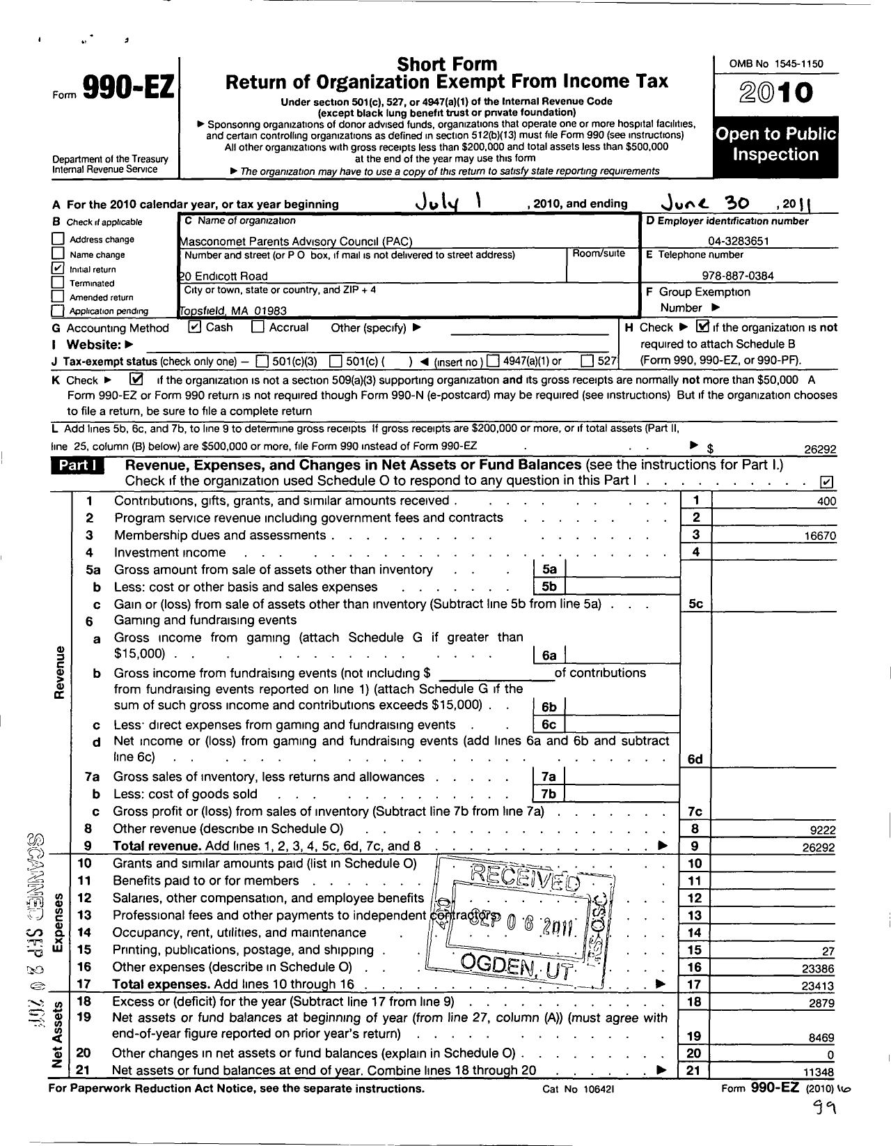 Image of first page of 2010 Form 990EO for Masconomet Parent Activities Committee