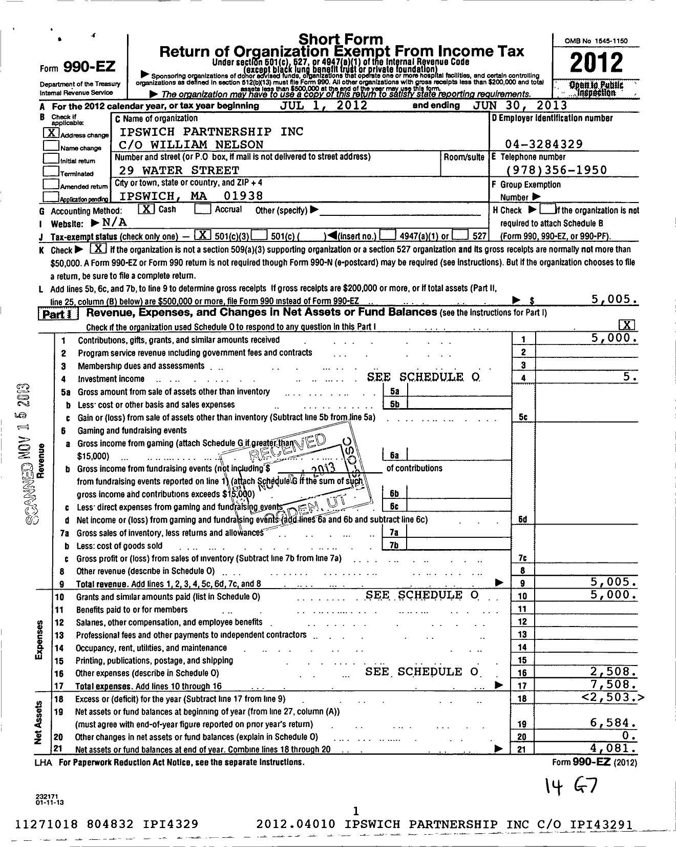 Image of first page of 2012 Form 990EZ for Ipswich Partnership