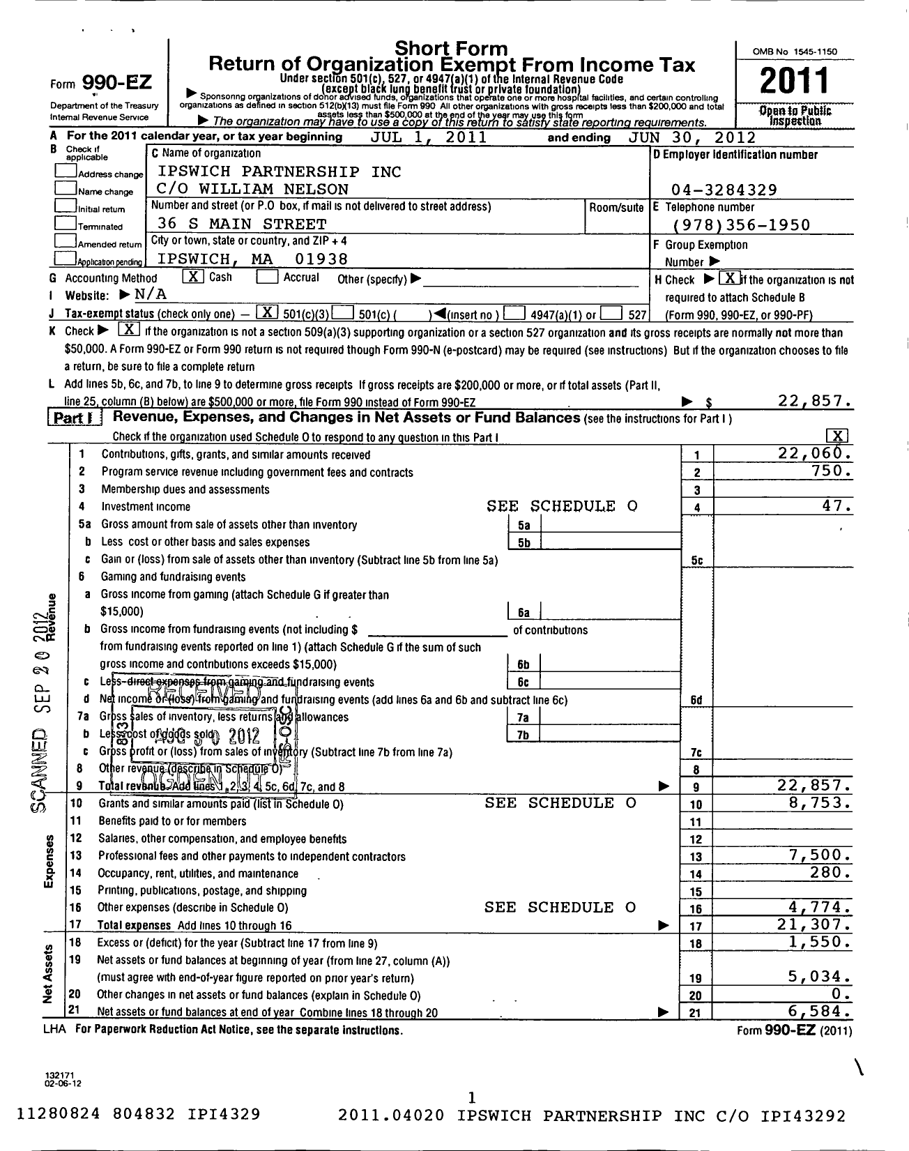 Image of first page of 2011 Form 990EZ for Ipswich Partnership