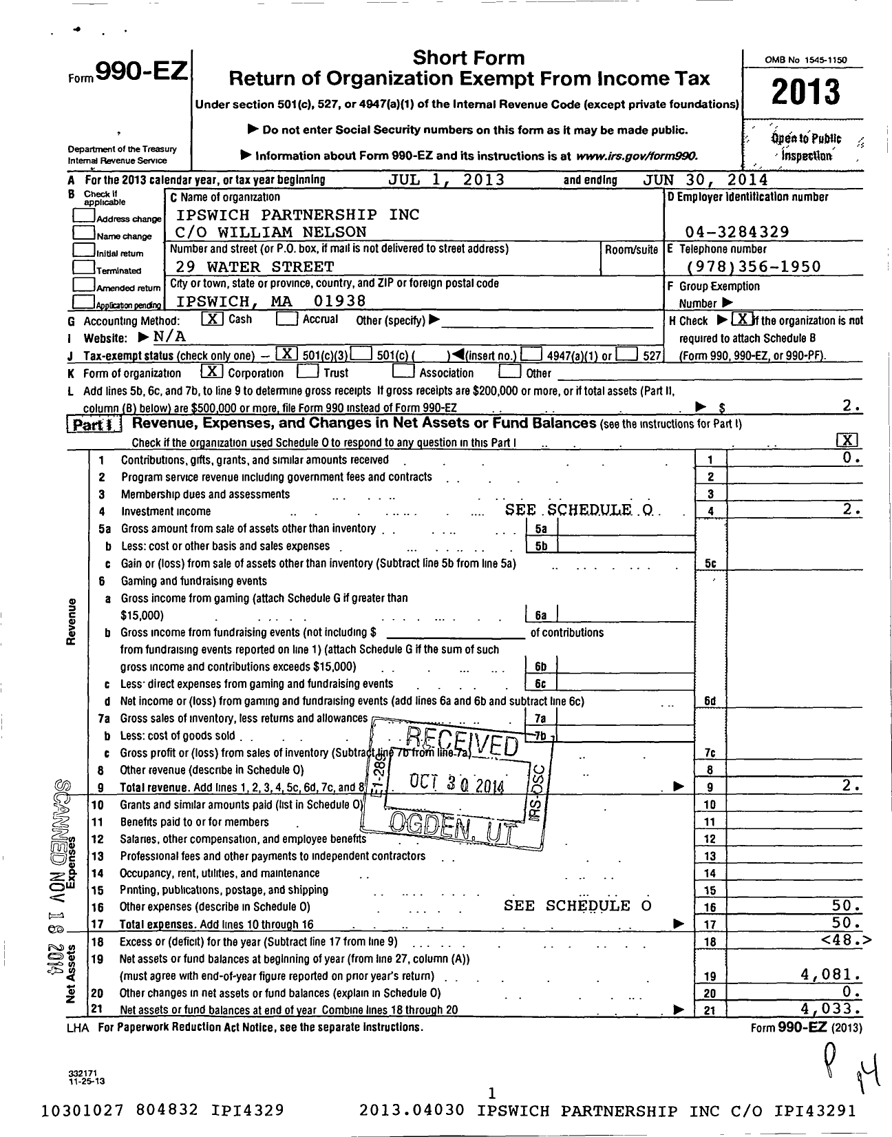 Image of first page of 2013 Form 990EZ for Ipswich Partnership