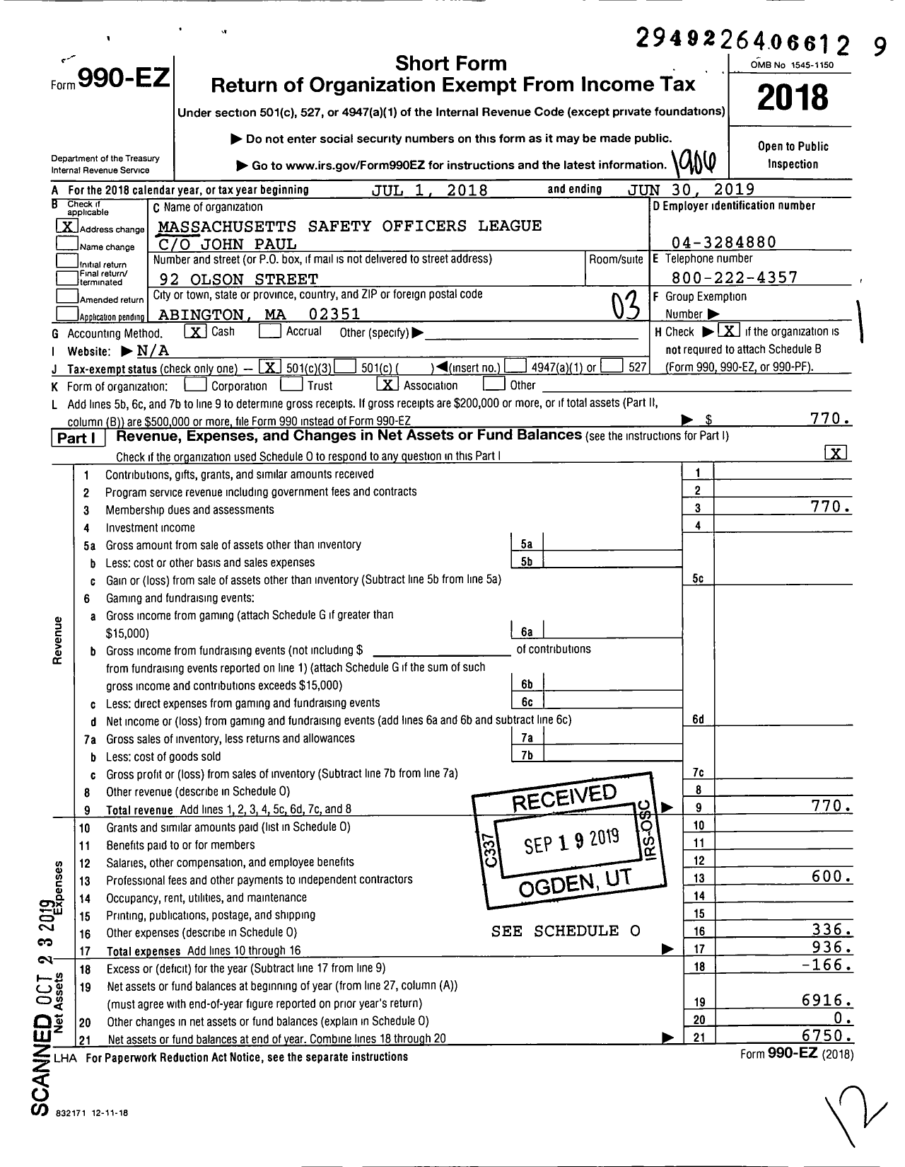 Image of first page of 2018 Form 990EZ for Massachusetts Safety Officers League