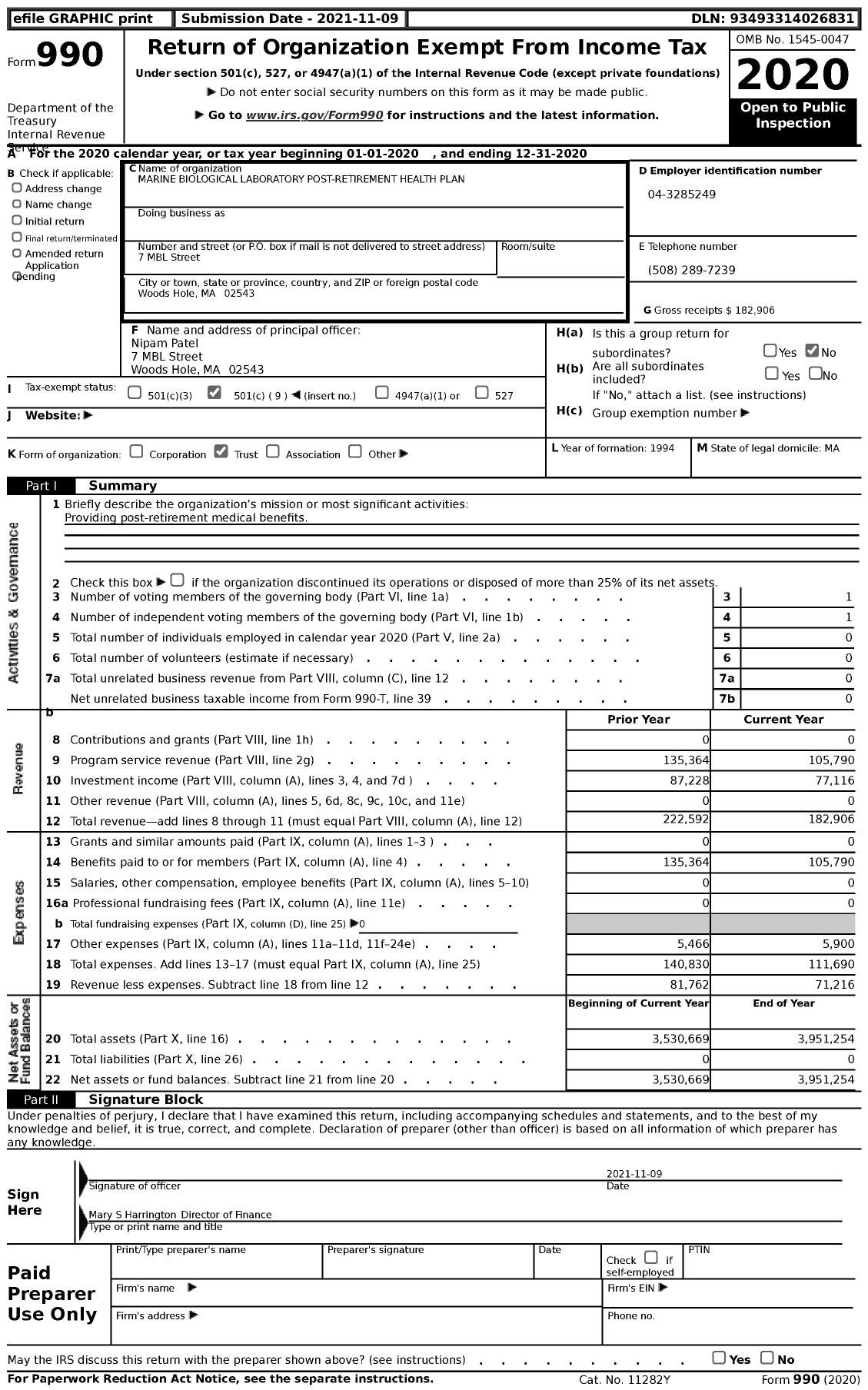 Image of first page of 2020 Form 990 for Marine Biological Laboratory Post-Retirement Medical Care Fund