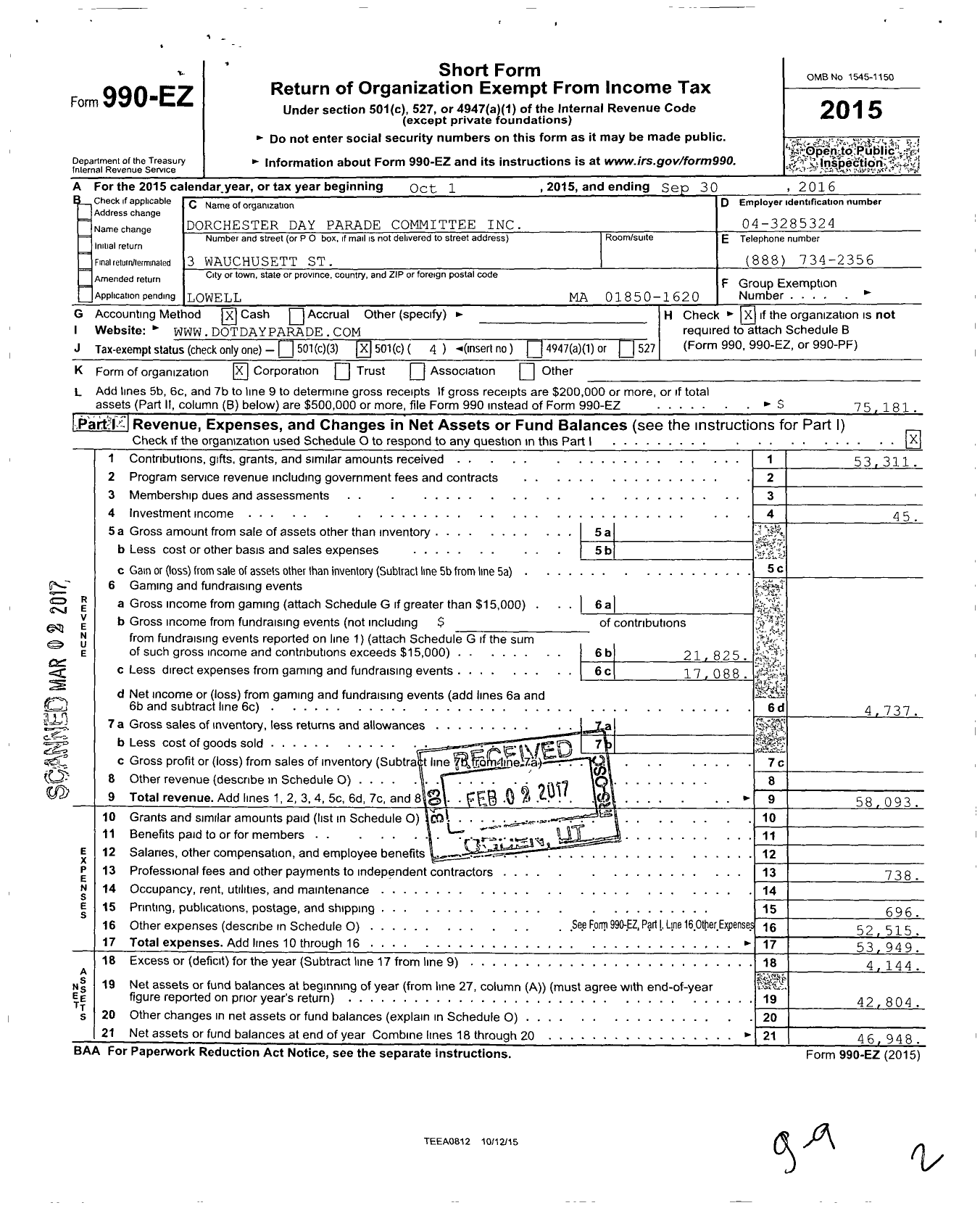 Image of first page of 2015 Form 990EO for Dorchester Day Parade Committee