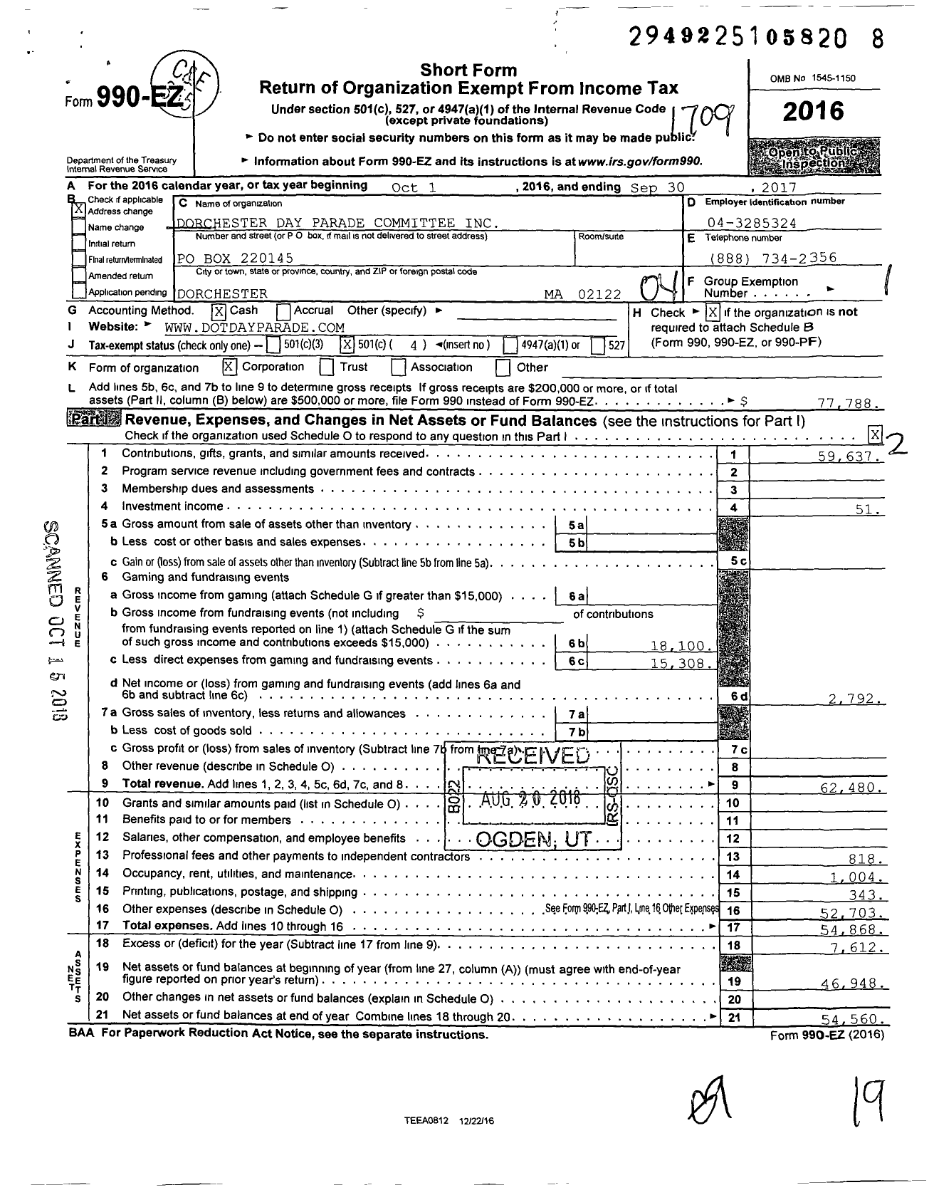 Image of first page of 2016 Form 990EO for Dorchester Day Parade Committee