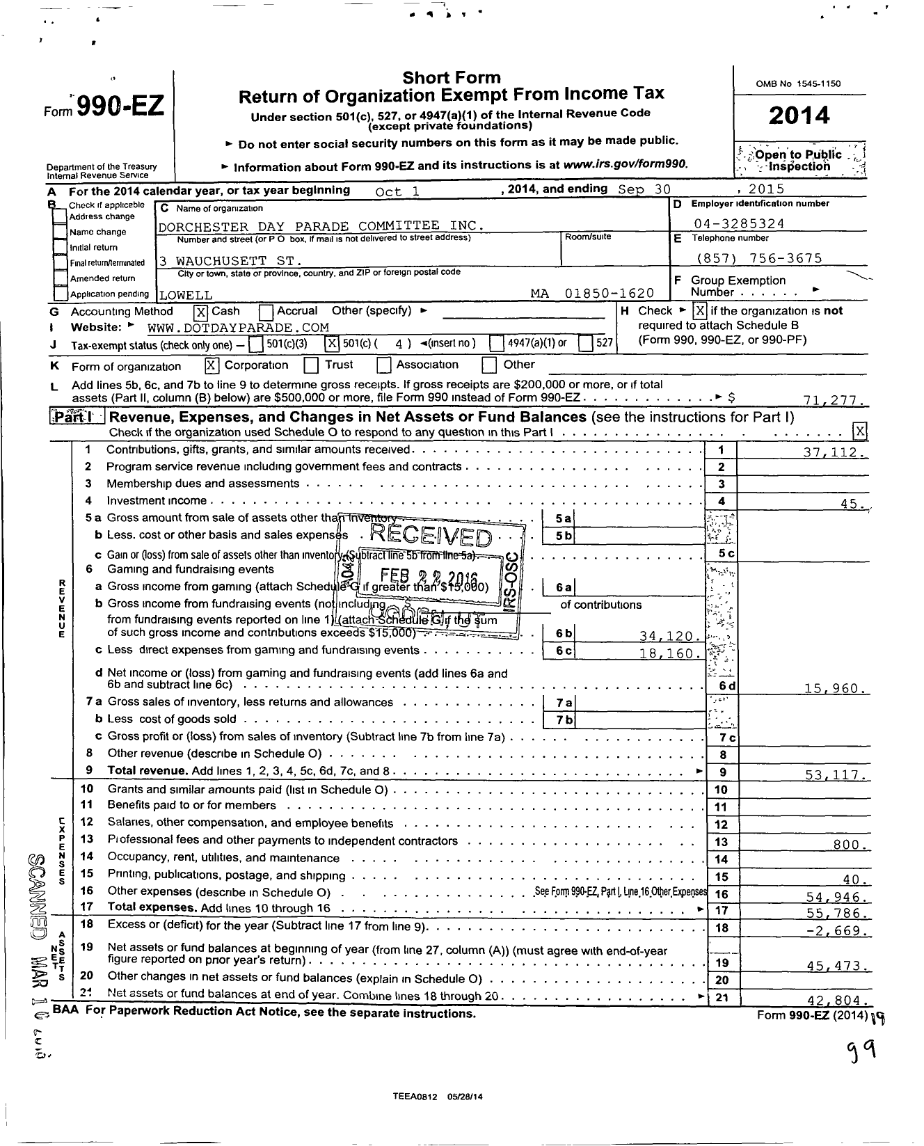 Image of first page of 2014 Form 990EO for Dorchester Day Parade Committee