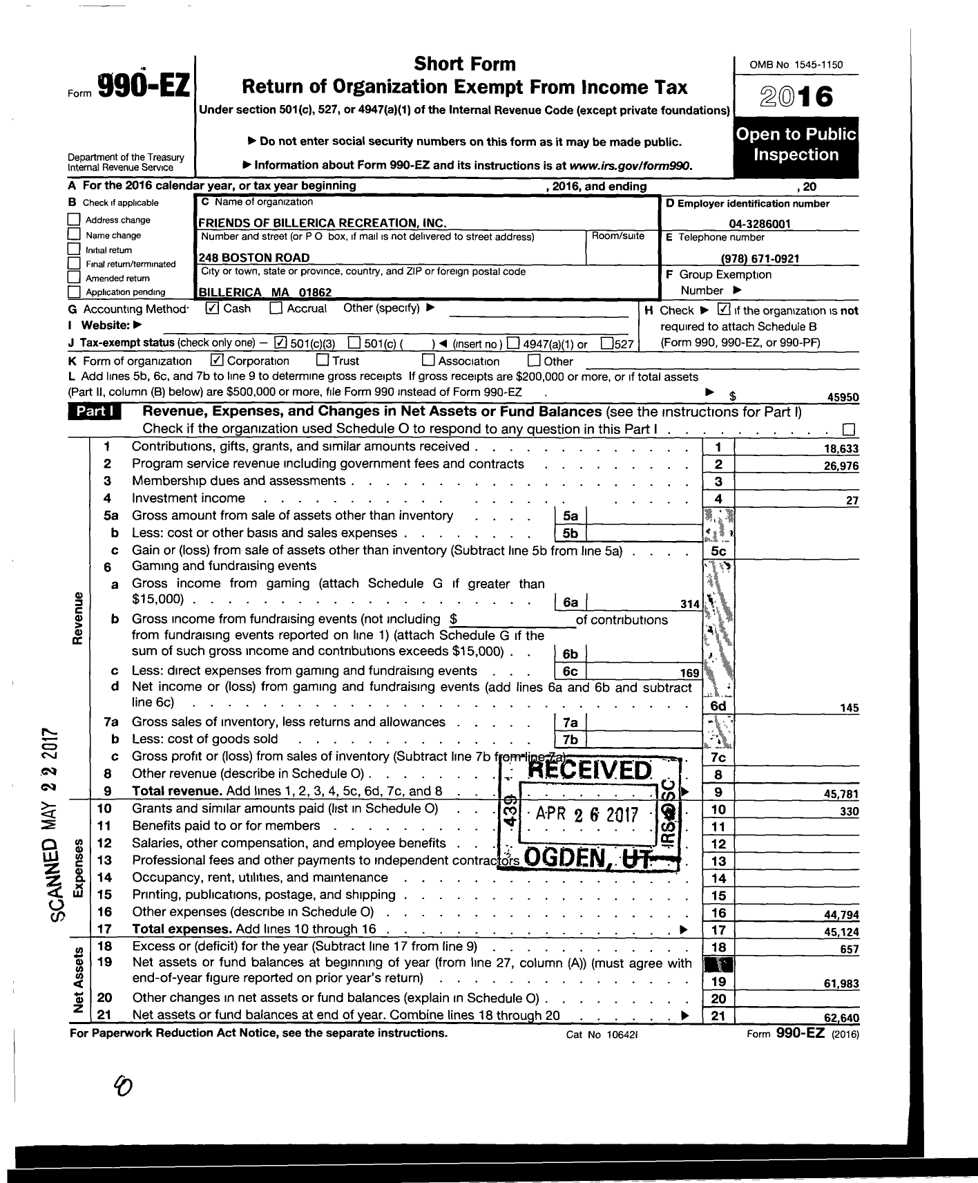 Image of first page of 2016 Form 990EZ for Friends of Billerica Recreation