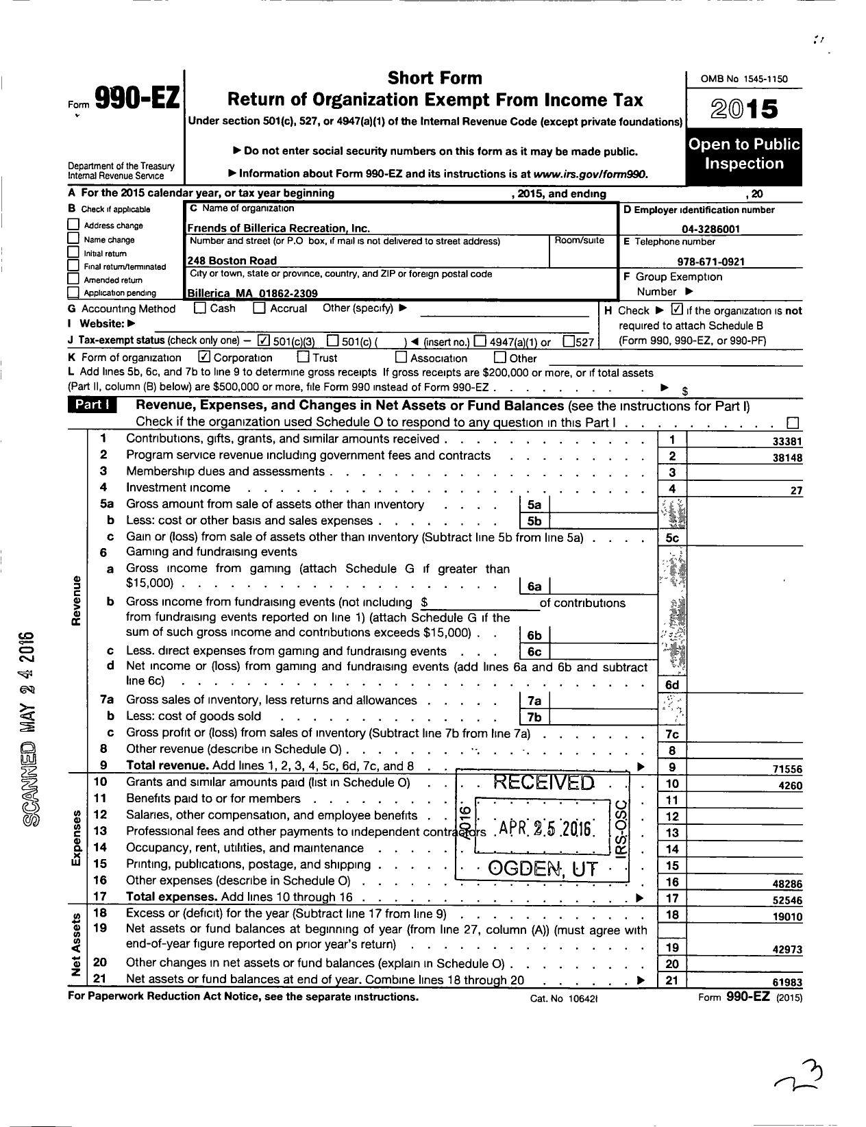 Image of first page of 2015 Form 990EZ for Friends of Billerica Recreation