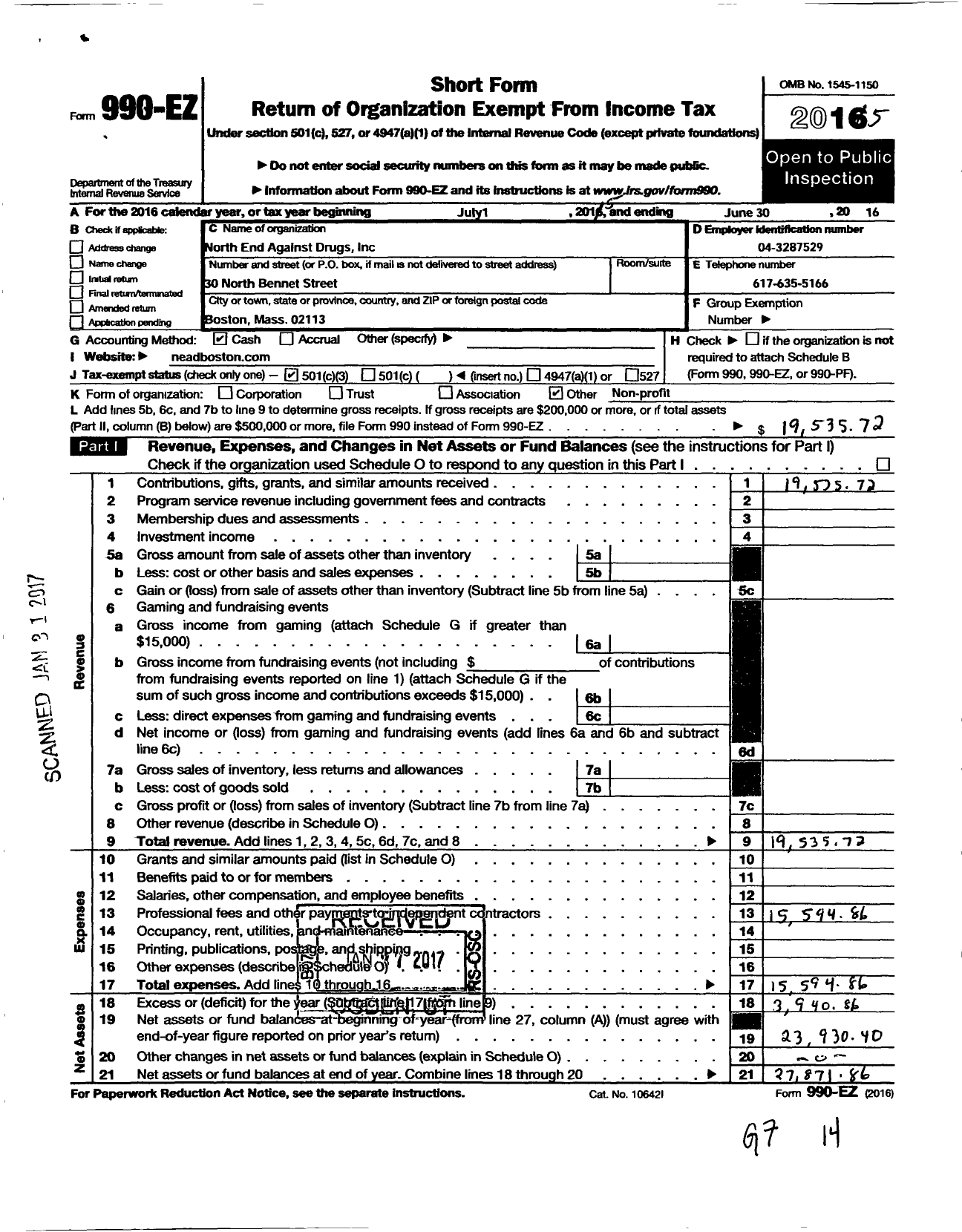 Image of first page of 2015 Form 990EZ for North End Cares