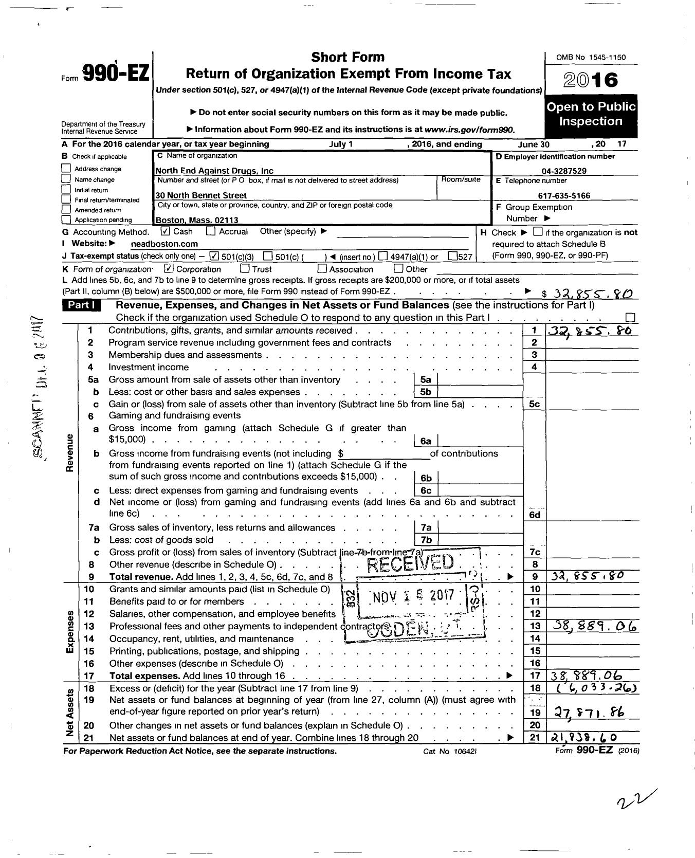 Image of first page of 2016 Form 990EZ for North End Cares