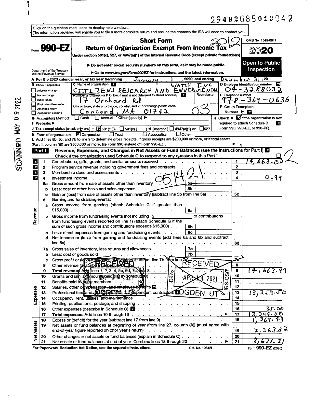 Image of first page of 2020 Form 990EZ for Citizens Research and Environmental Watch