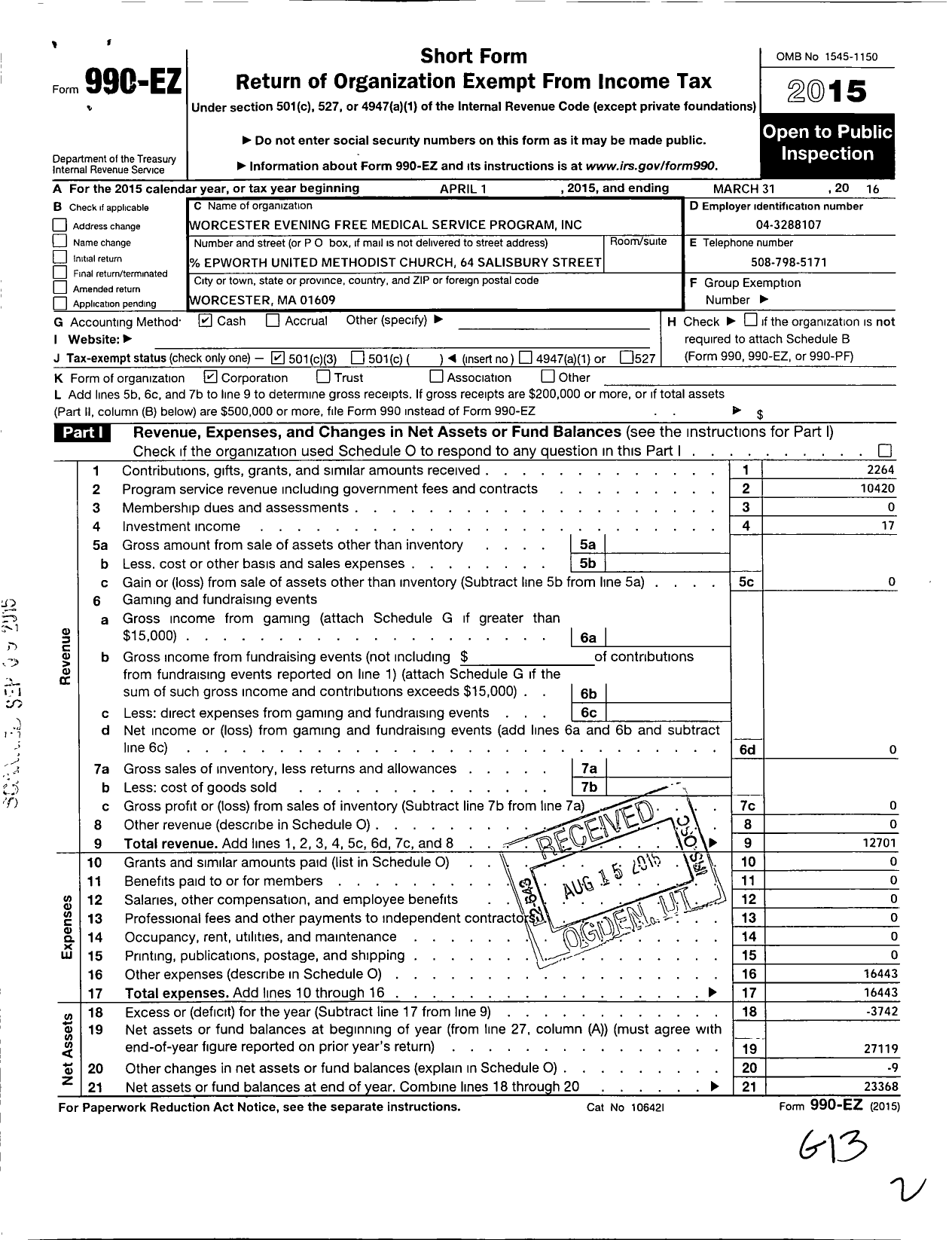 Image of first page of 2015 Form 990EZ for Worcester Evening Free Medical Service Program