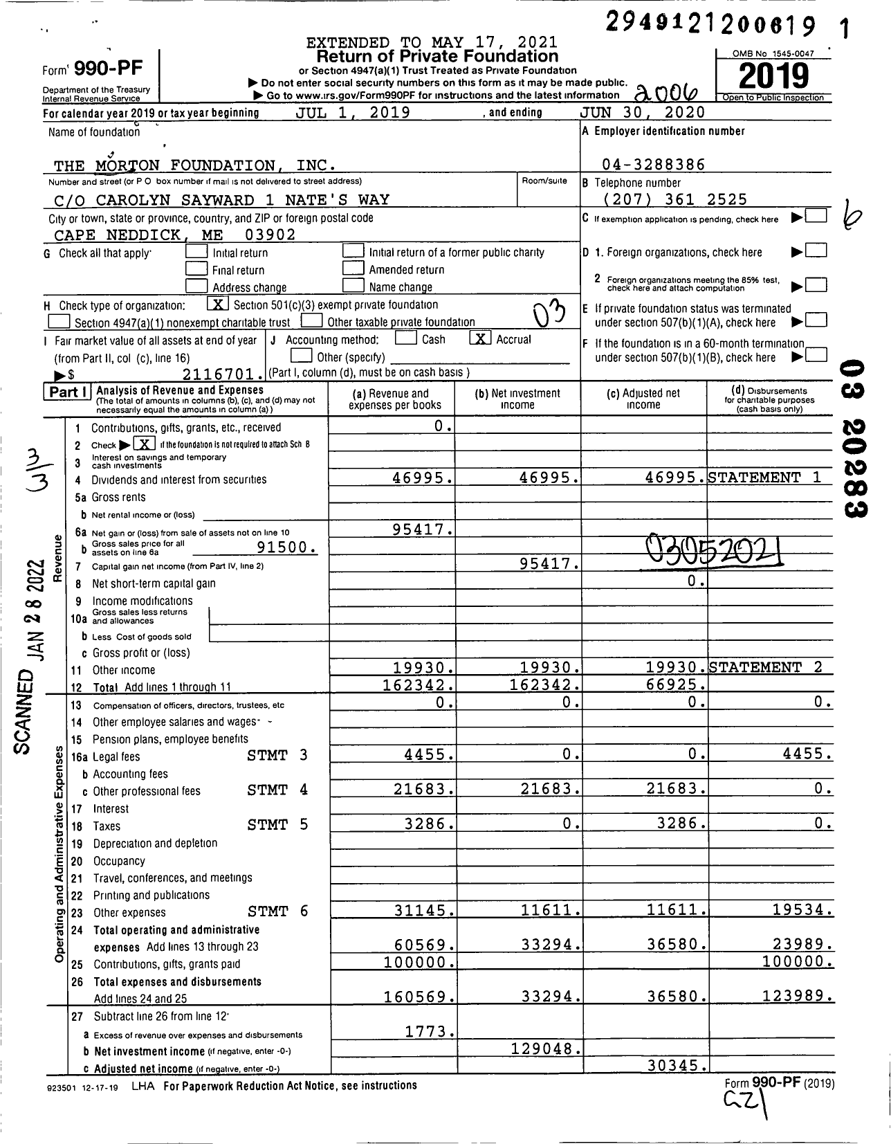 Image of first page of 2019 Form 990PF for The Morton Foundation