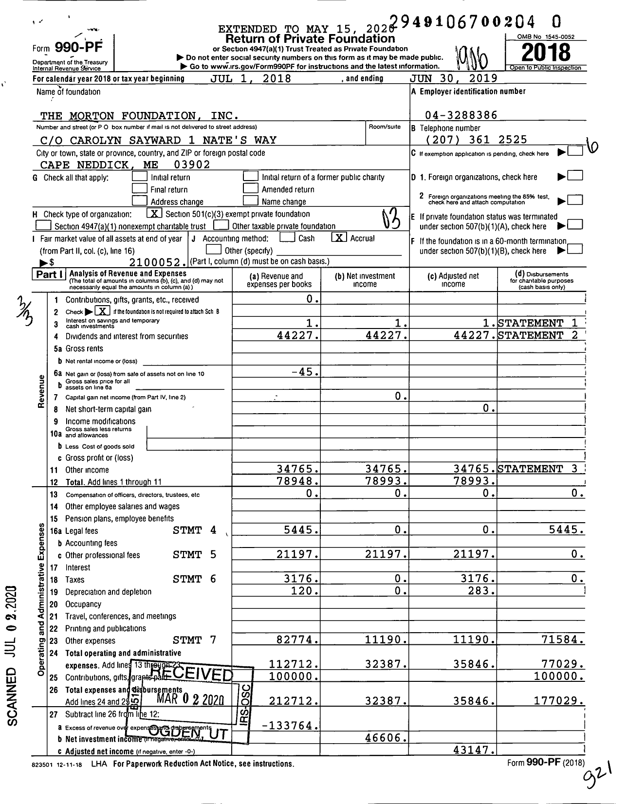 Image of first page of 2018 Form 990PR for The Morton Foundation