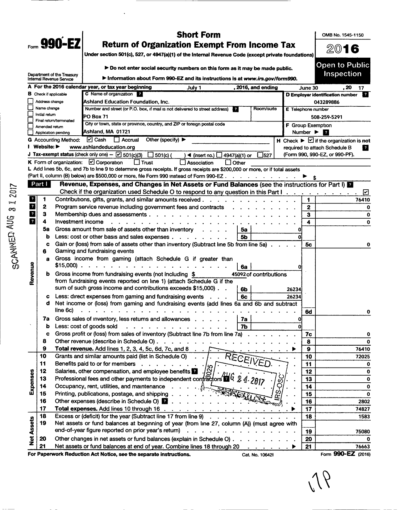 Image of first page of 2016 Form 990EZ for Ashland Education Foundation
