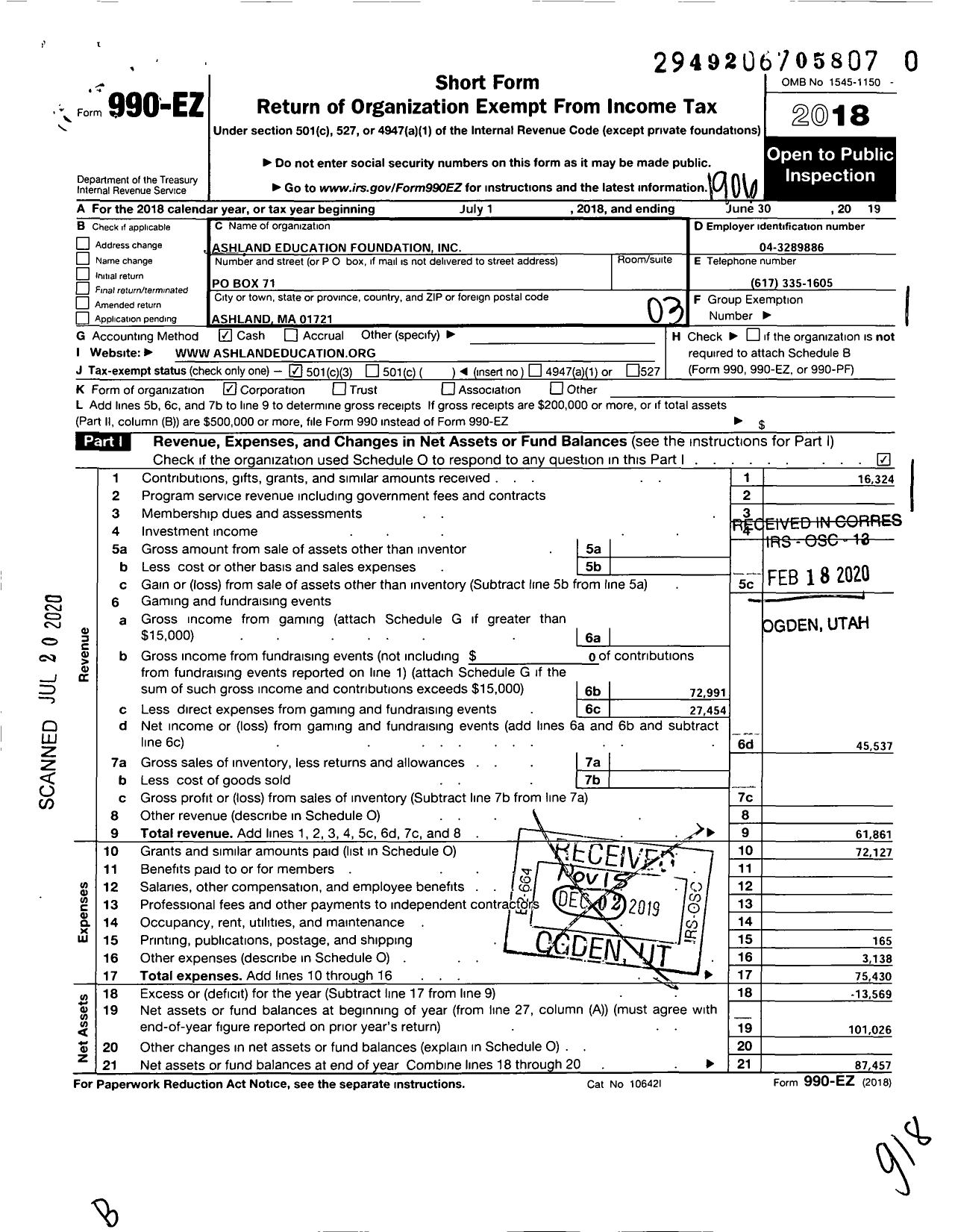 Image of first page of 2018 Form 990EZ for Ashland Education Foundation