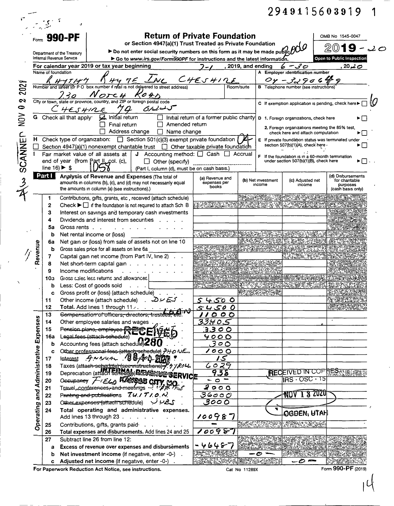 Image of first page of 2019 Form 990PF for Rhythm Rhyme Cheshire