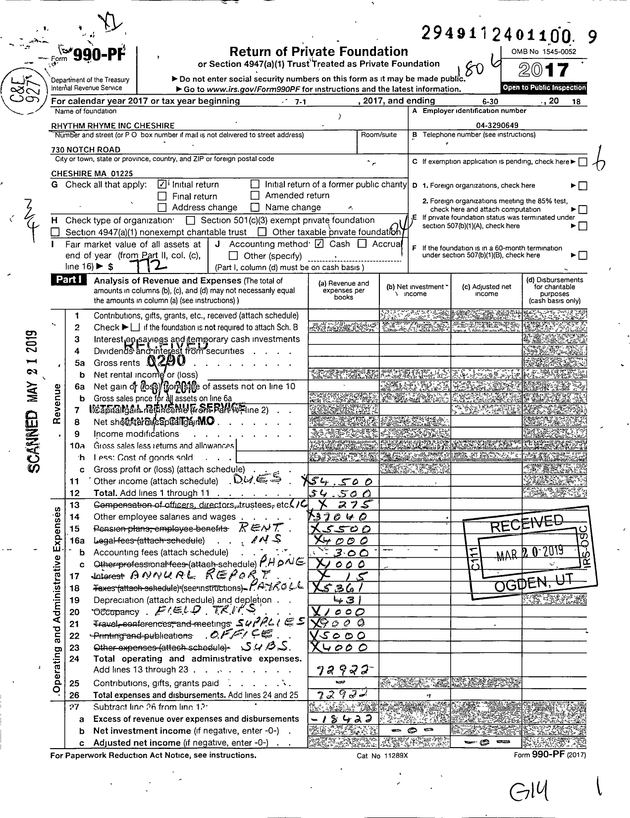 Image of first page of 2017 Form 990PF for Rhythm Rhyme Cheshire