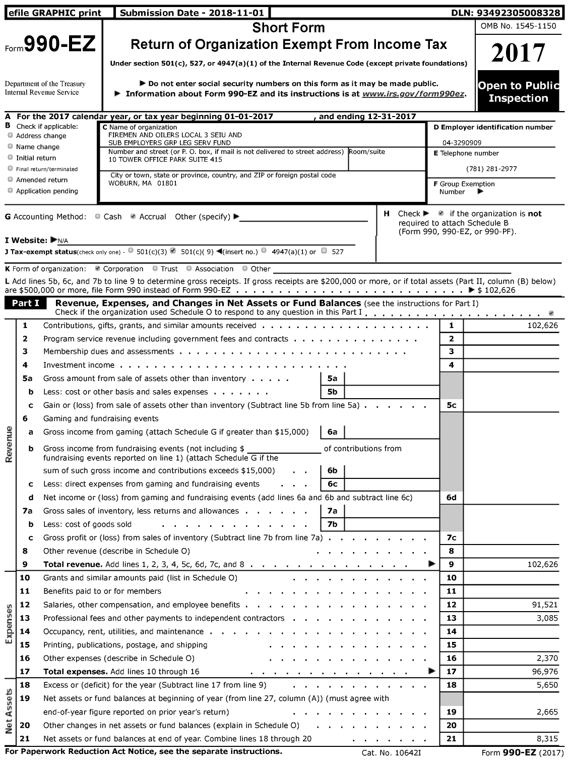 Image of first page of 2017 Form 990EZ for Firemen and Oilers Local 3 SEIU and Sub Employers Group LEG SERV Fund