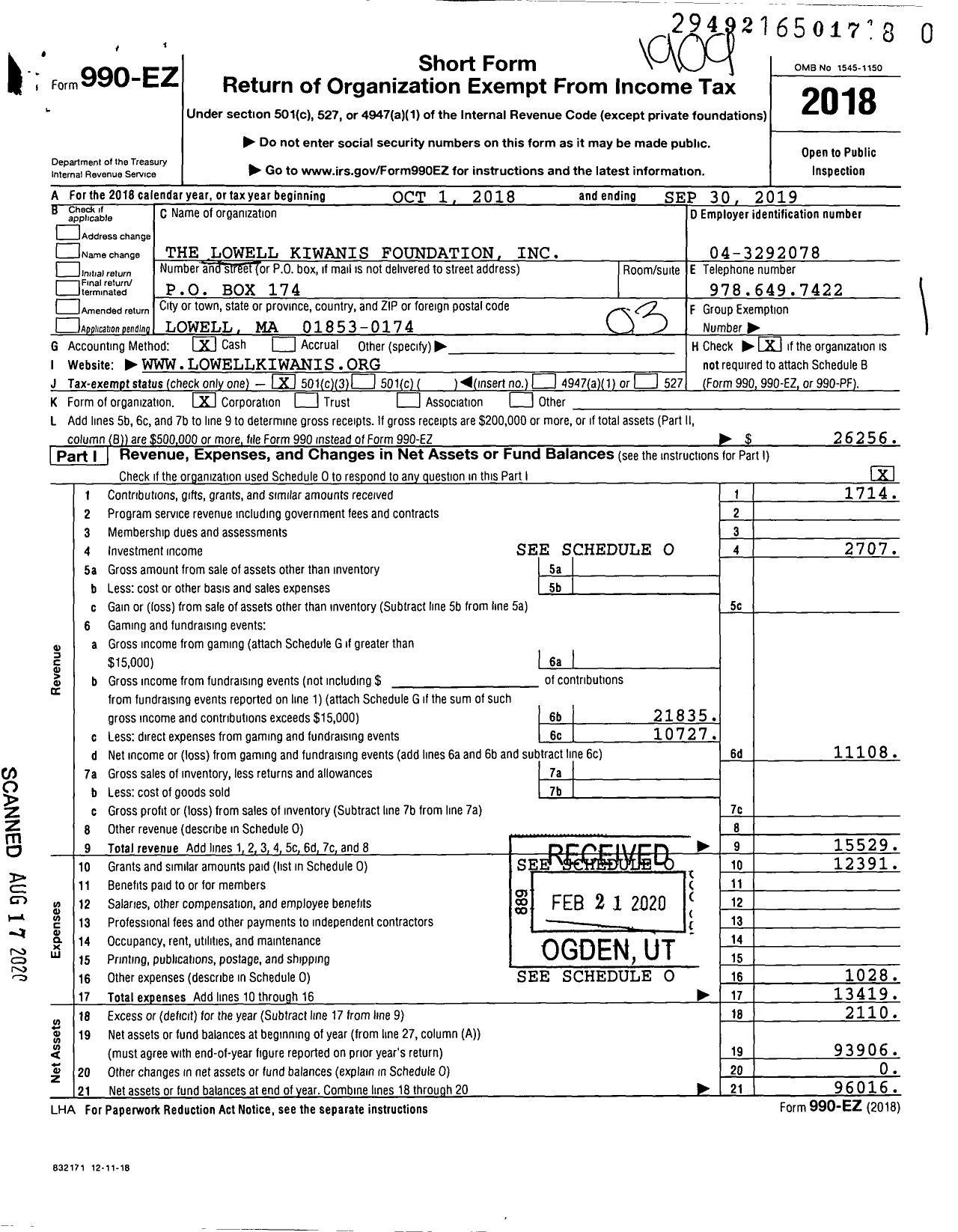 Image of first page of 2018 Form 990EZ for The Lowell Kiwanis Foundation