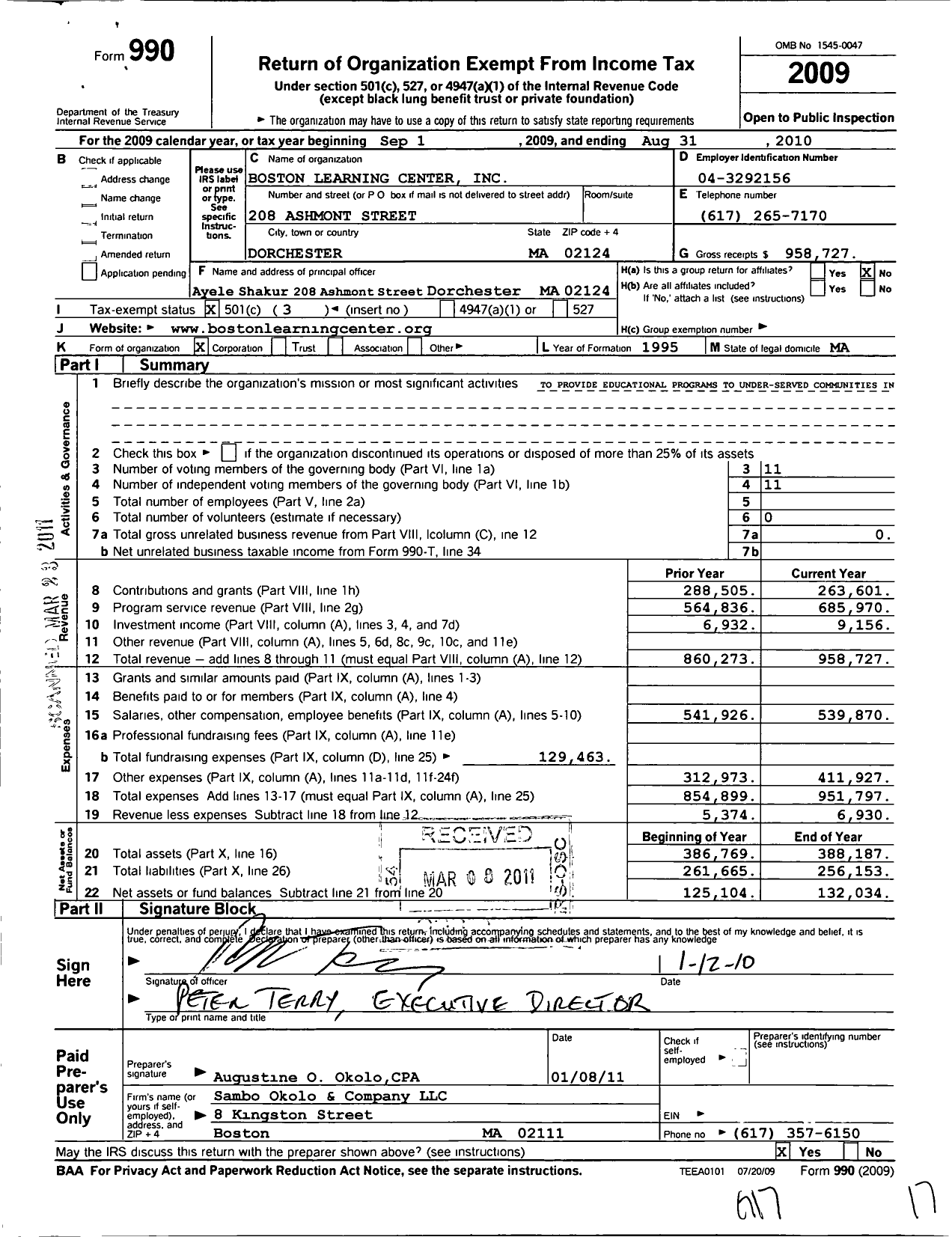 Image of first page of 2009 Form 990 for Boston Learning Center