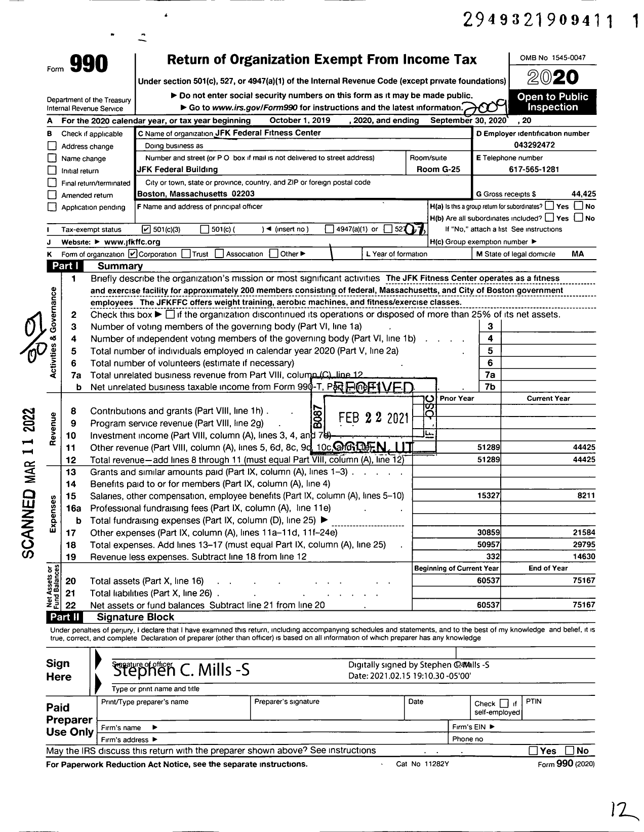 Image of first page of 2019 Form 990O for JFK Federal Fitness Center