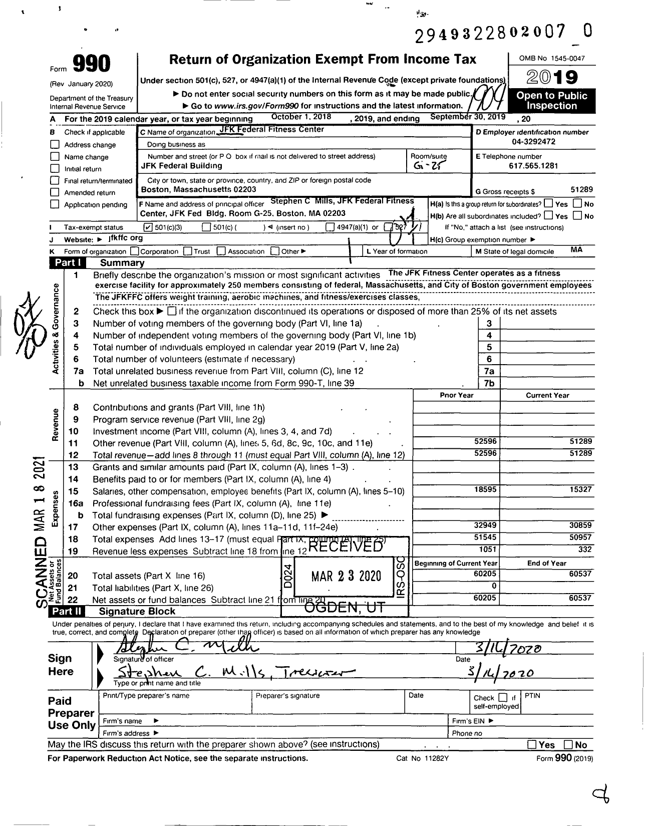 Image of first page of 2018 Form 990O for JFK Federal Fitness Center