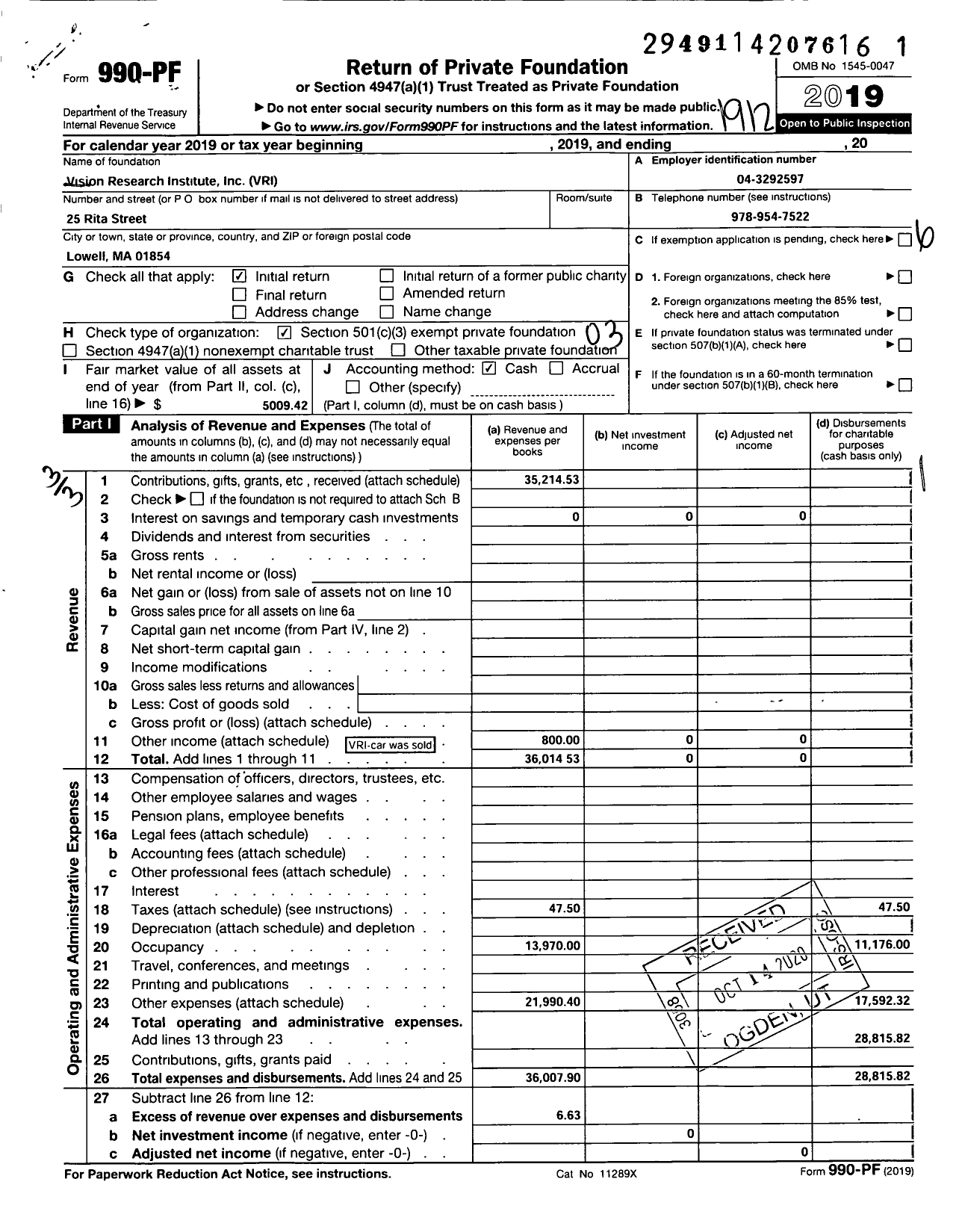 Image of first page of 2019 Form 990PF for Vision Research Institute