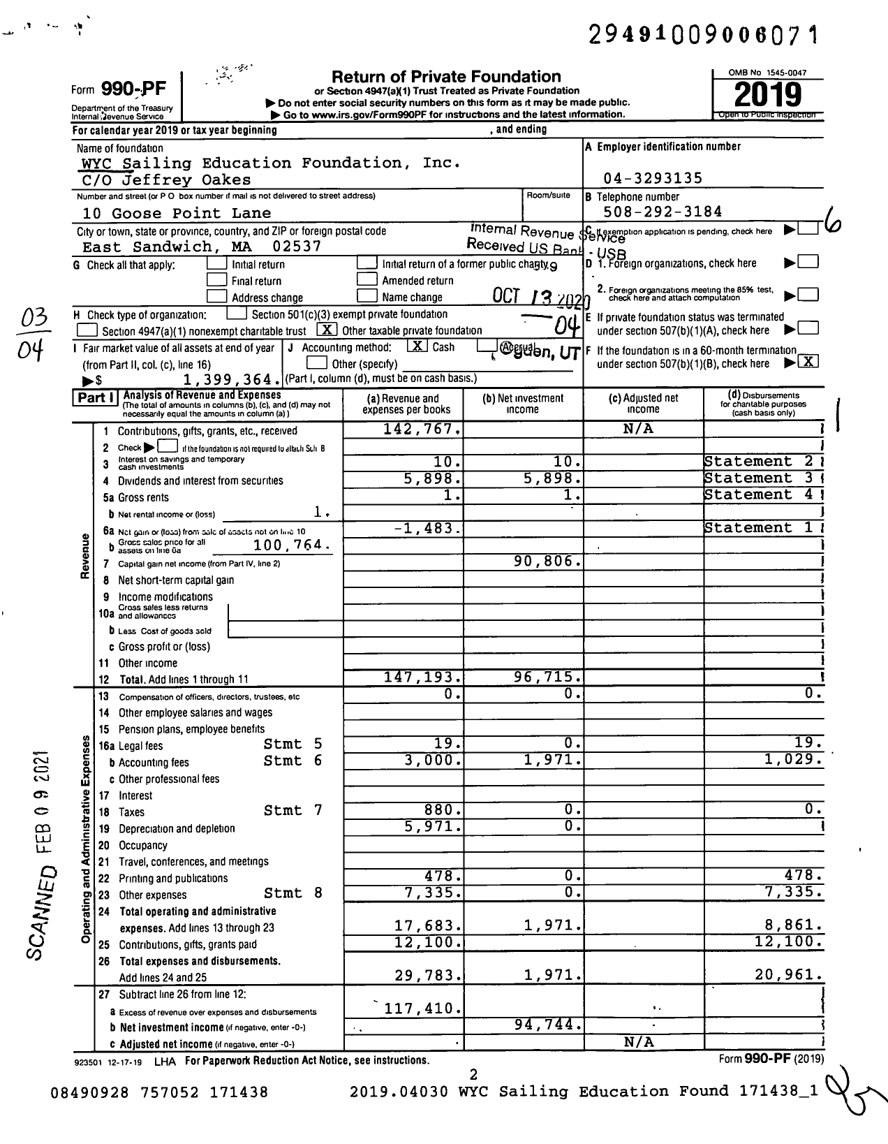 Image of first page of 2019 Form 990PF for Wianno Sailing Foundation