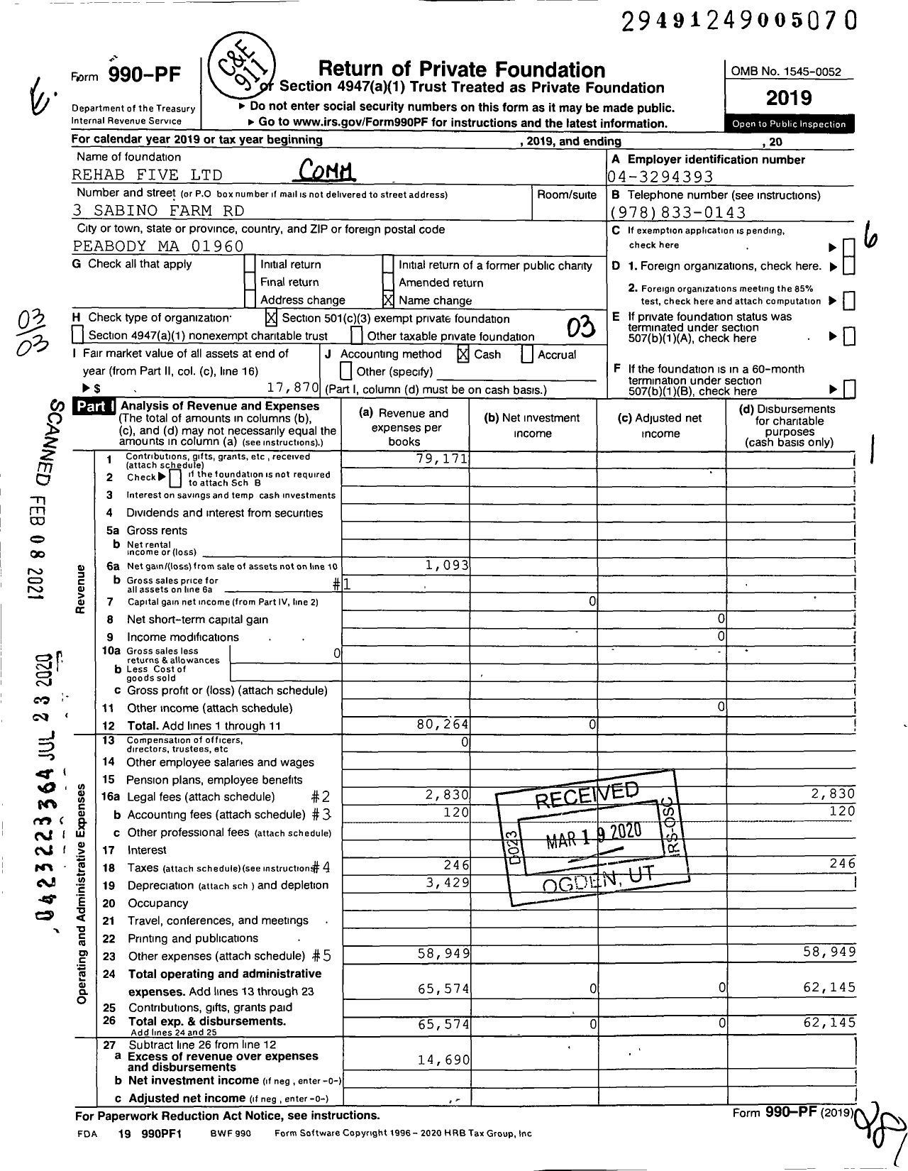 Image of first page of 2019 Form 990PF for Rehab Five