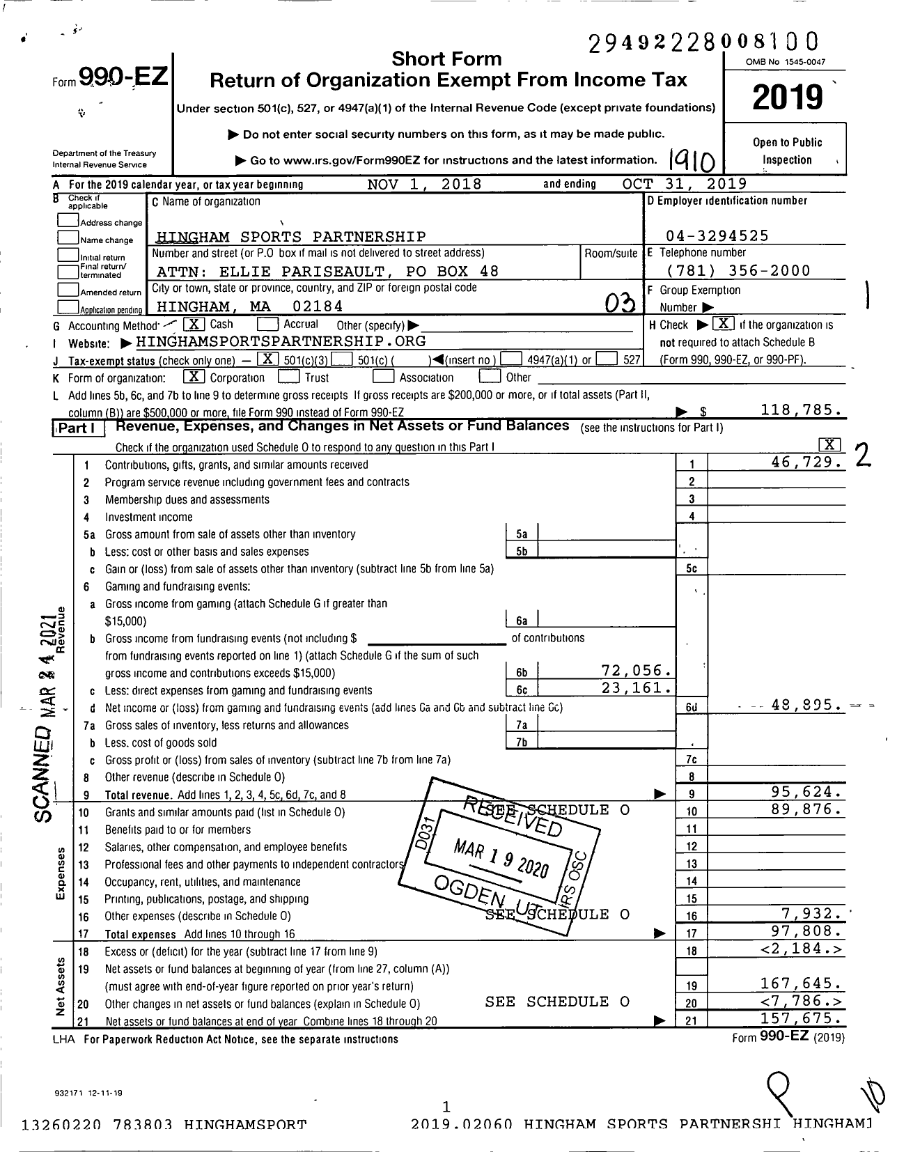 Image of first page of 2018 Form 990EZ for Hingham Sports Partnership