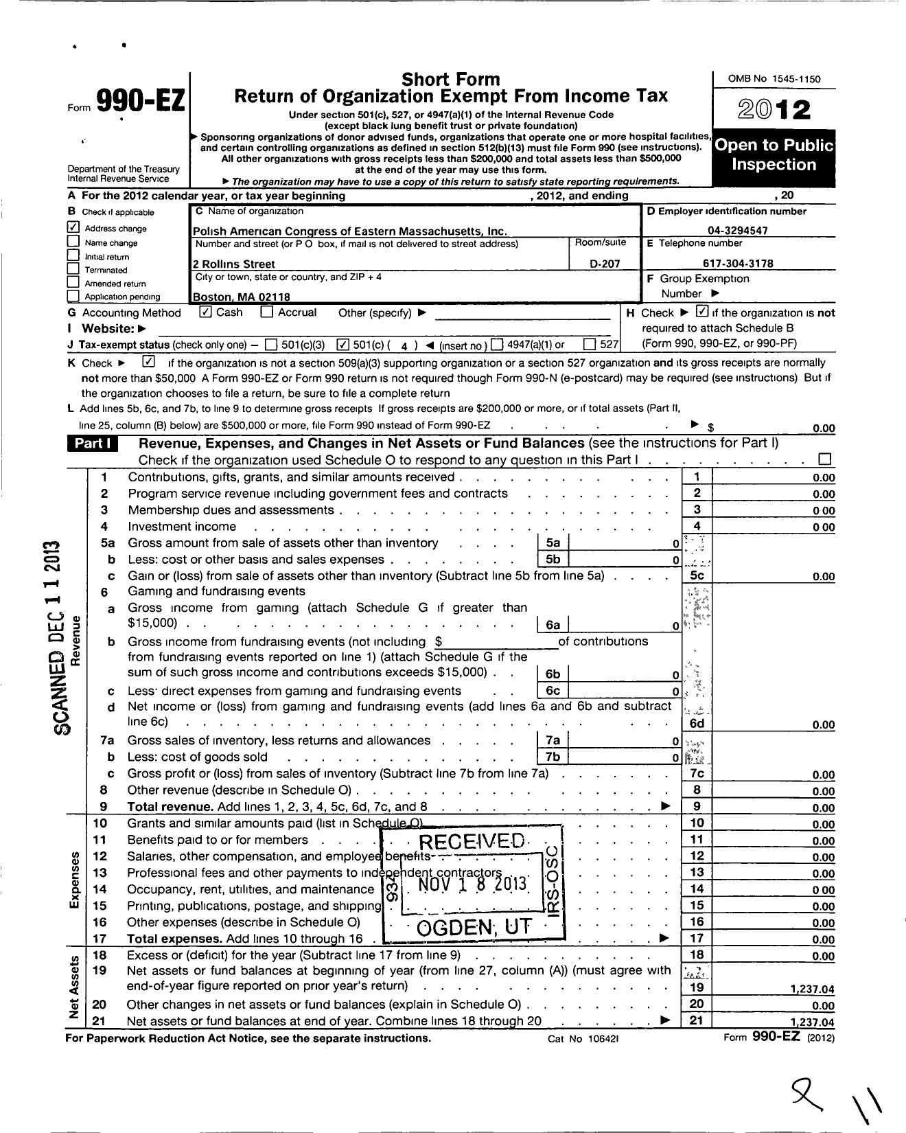 Image of first page of 2012 Form 990EO for Polish American Congress