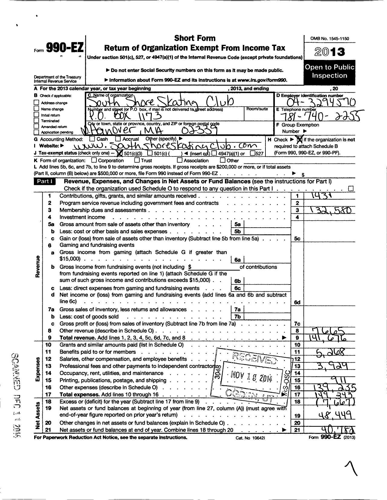 Image of first page of 2013 Form 990EZ for South Shore Skating Club