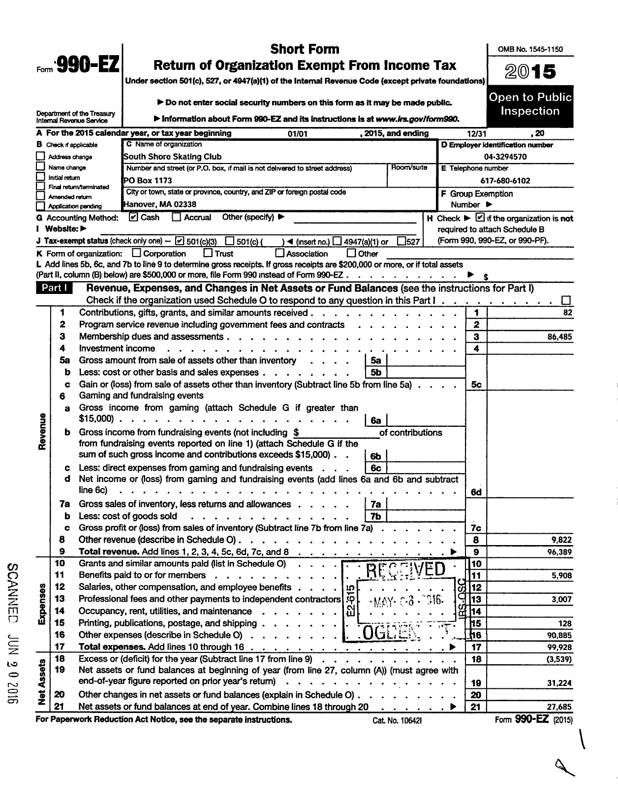 Image of first page of 2015 Form 990EZ for South Shore Skating Club