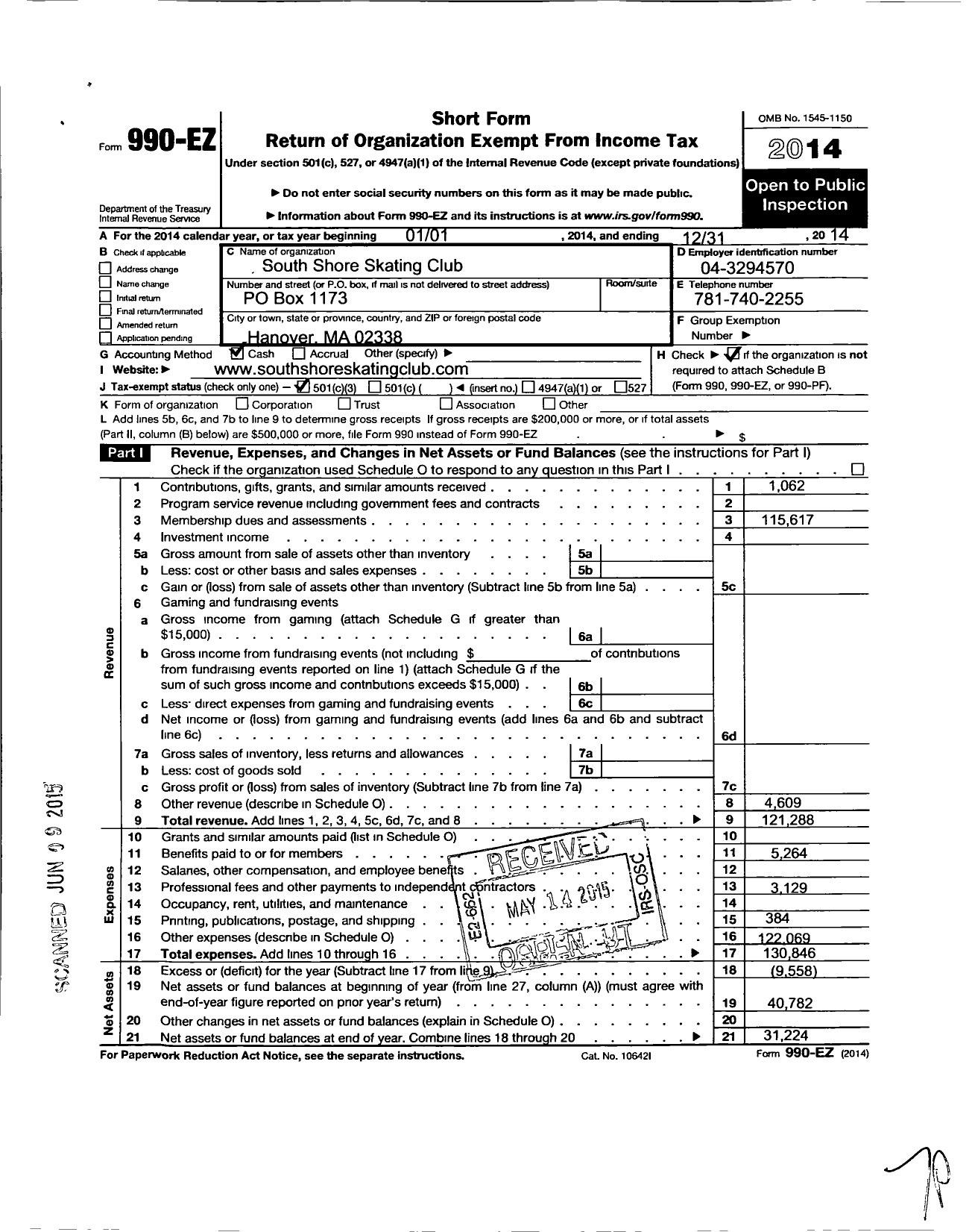 Image of first page of 2014 Form 990EZ for South Shore Skating Club