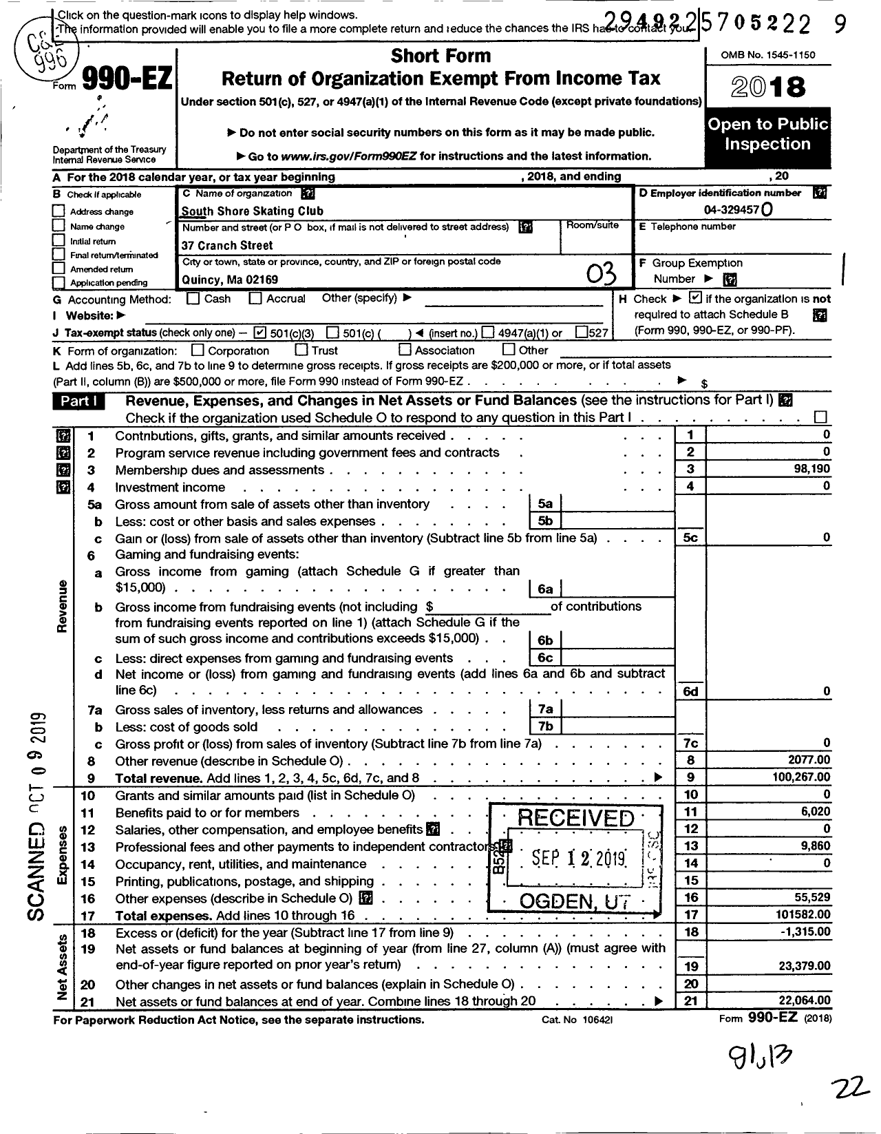 Image of first page of 2018 Form 990EZ for South Shore Skating Club