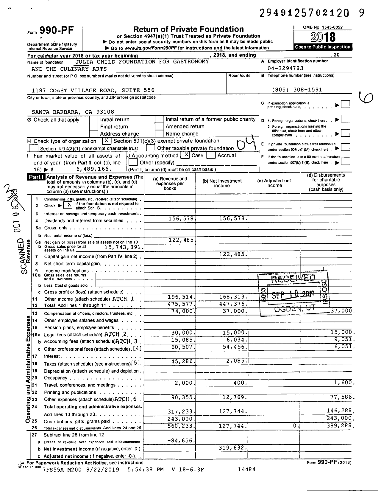 Image of first page of 2018 Form 990PF for Julia Child Foundation for Gastronomy and the Culinary Arts