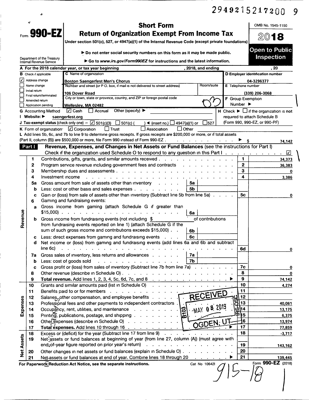 Image of first page of 2018 Form 990EZ for Boston Saengerfest Mens Chorus