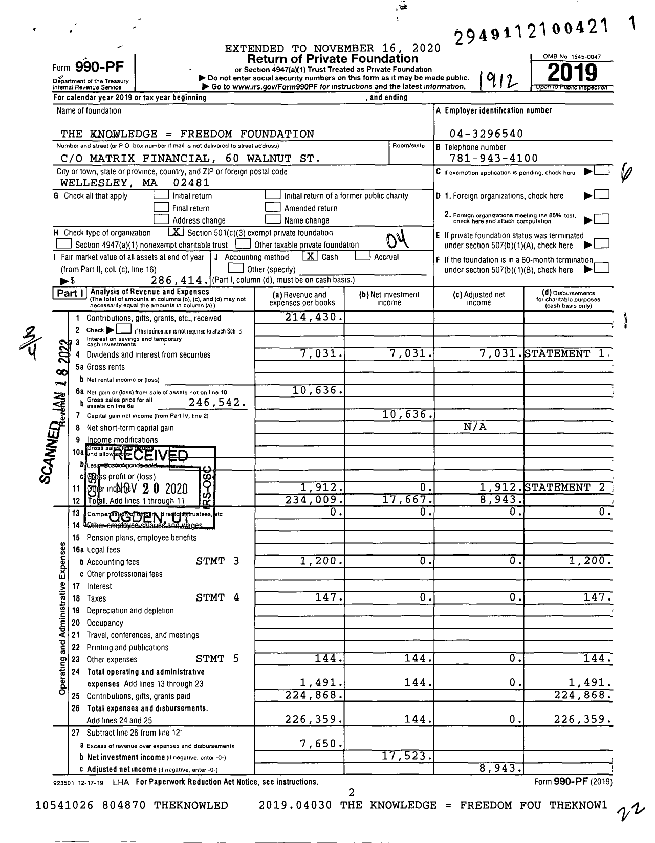 Image of first page of 2019 Form 990PF for The Knowledge Freedom Foundation