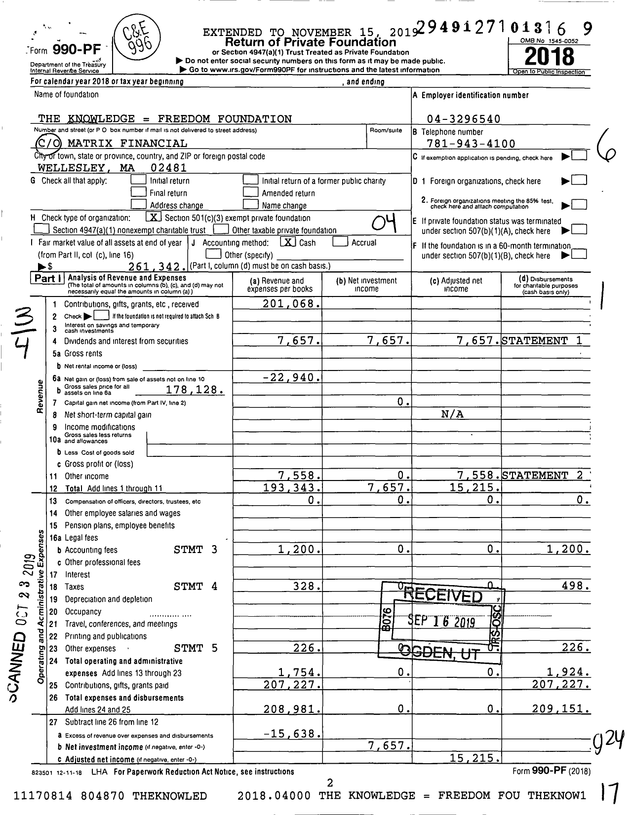 Image of first page of 2018 Form 990PF for The Knowledge Freedom Foundation