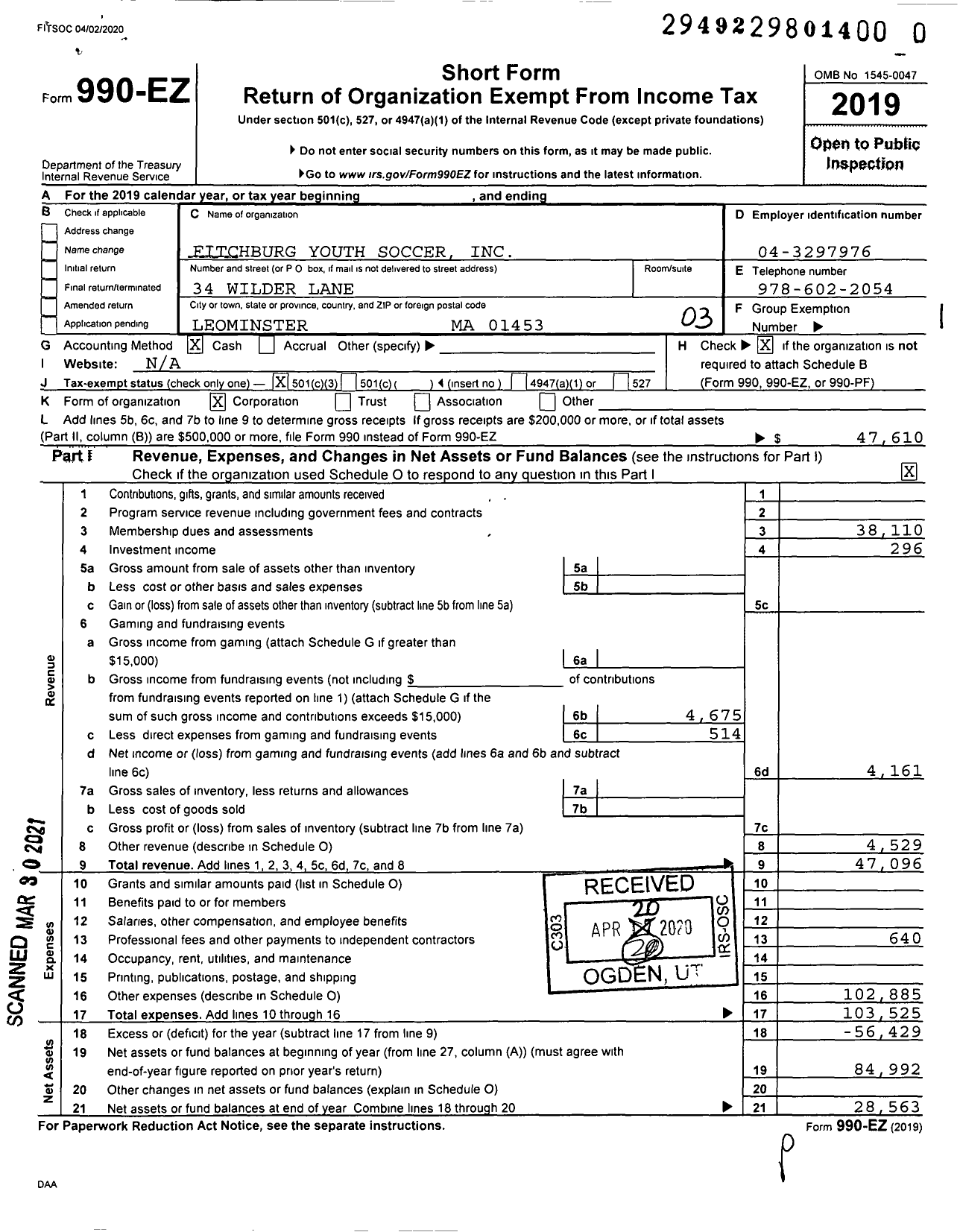 Image of first page of 2019 Form 990EZ for Fitchburg Youth Soccer