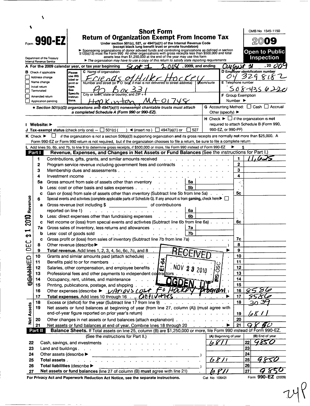 Image of first page of 2008 Form 990EO for Friends of Hiller Hockey