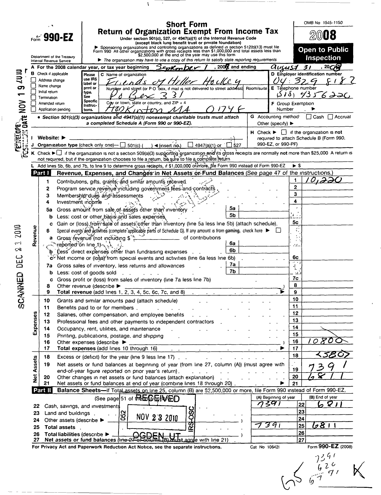 Image of first page of 2007 Form 990EO for Friends of Hiller Hockey