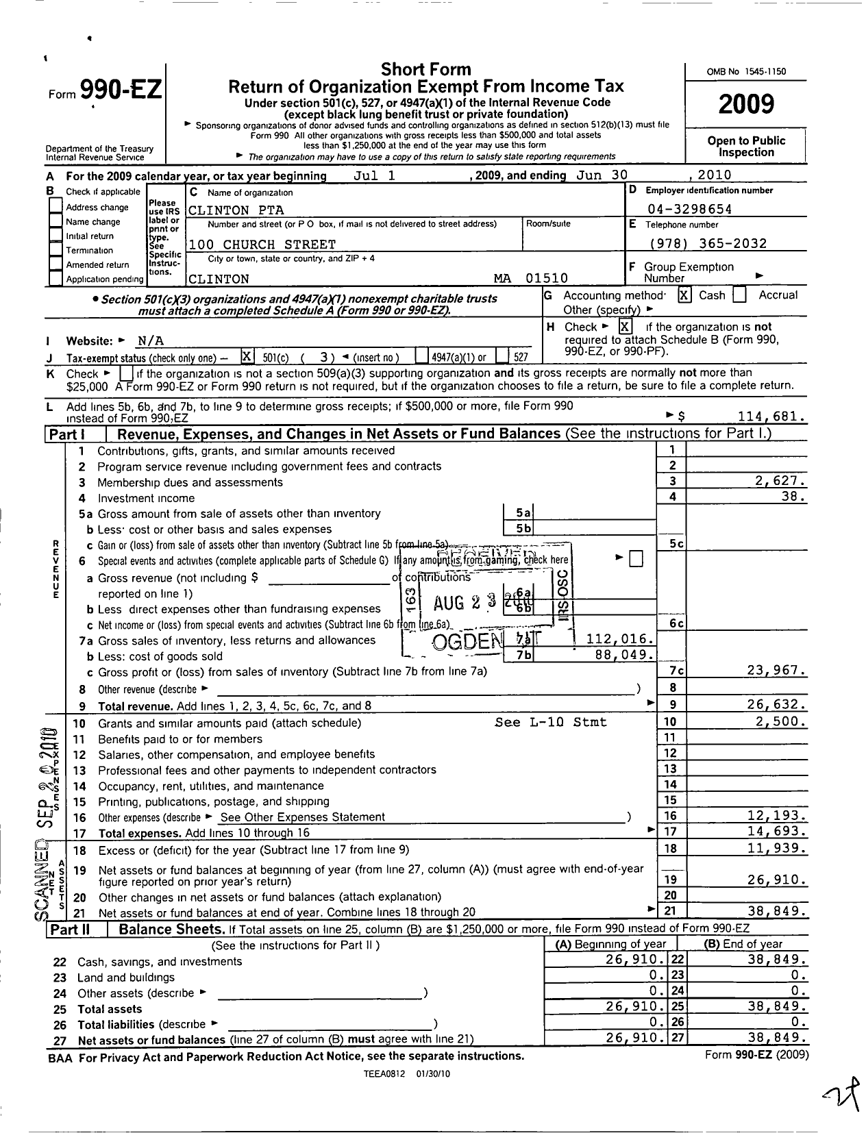 Image of first page of 2009 Form 990EZ for PTA Massachusetts Parent-Teacher Association / Clinton PTA