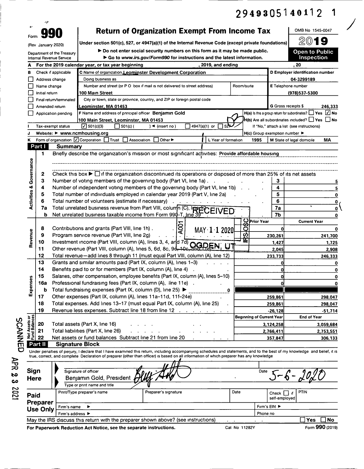 Image of first page of 2019 Form 990 for Leominster Development Corporation