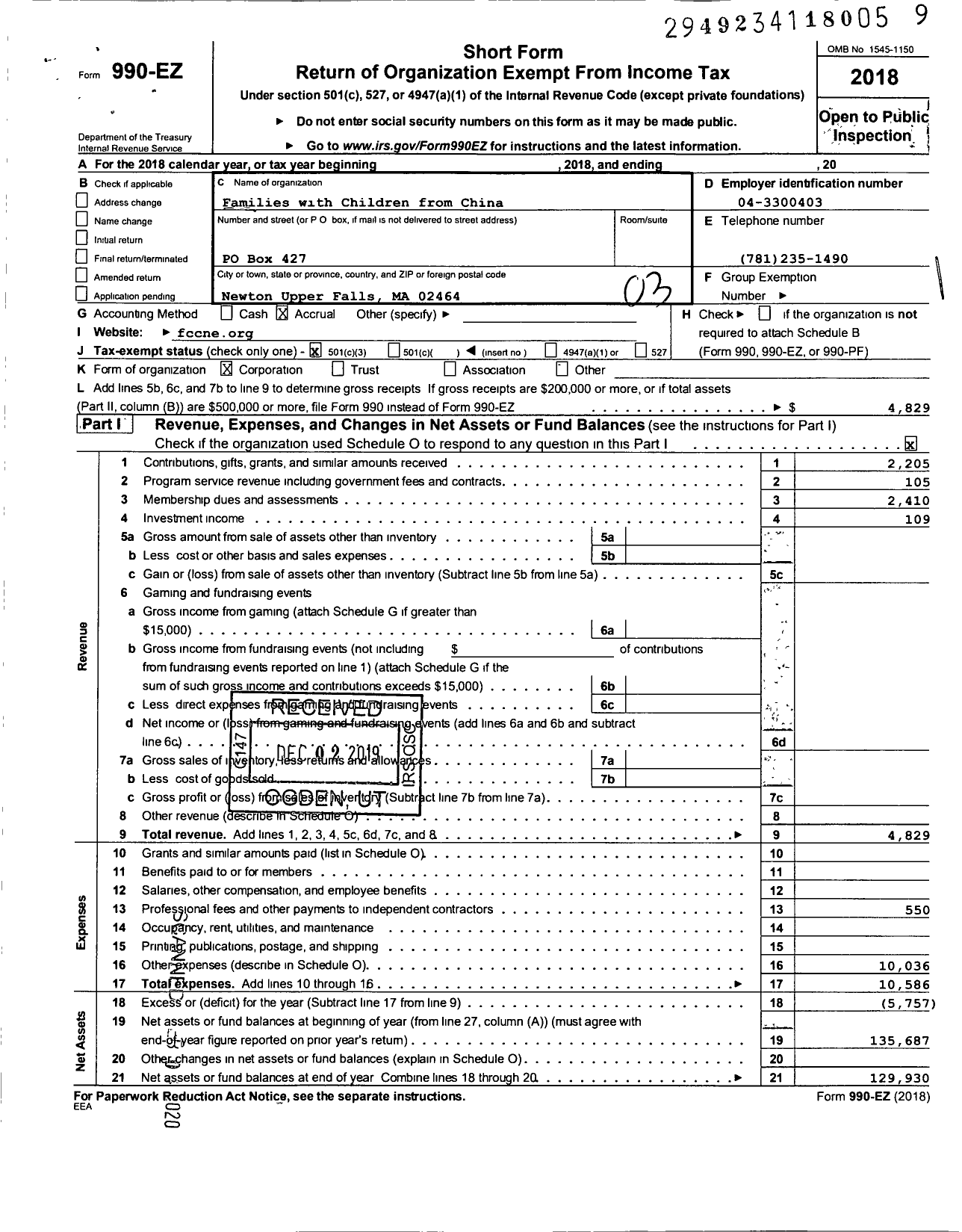 Image of first page of 2018 Form 990EZ for Families with Children from China