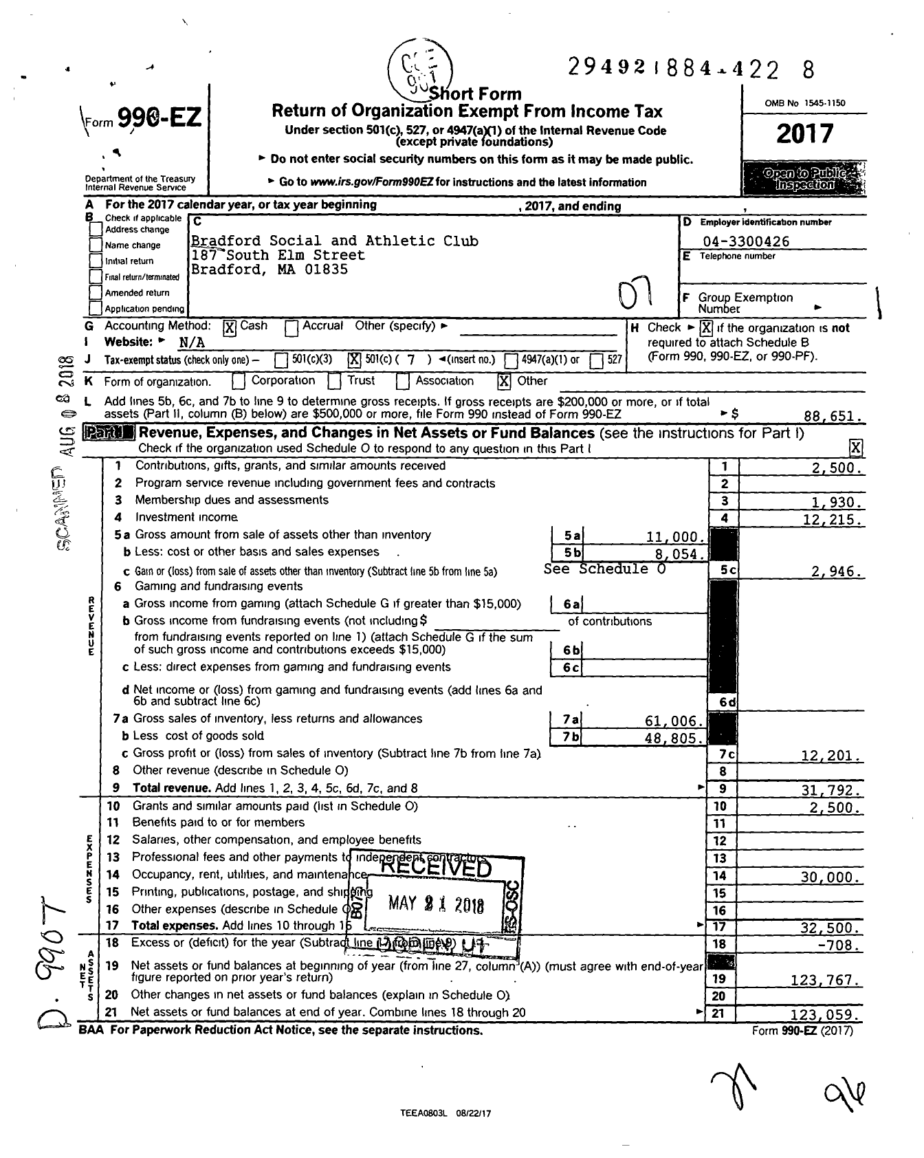 Image of first page of 2017 Form 990EO for Bradford Social and Athletic Club