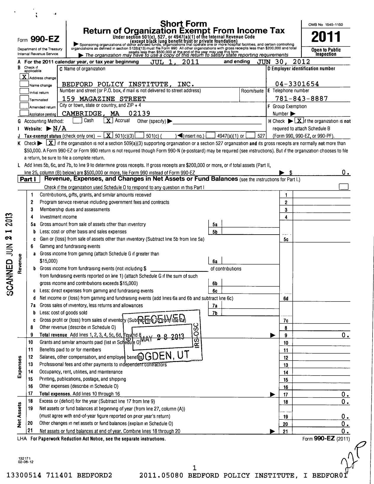 Image of first page of 2011 Form 990EZ for Bedford Policy Institute