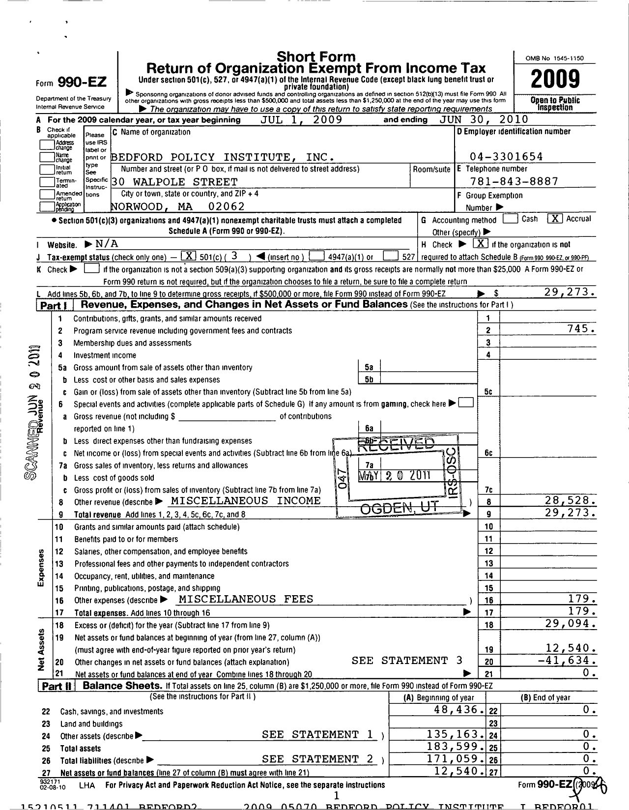 Image of first page of 2009 Form 990EZ for Bedford Policy Institute