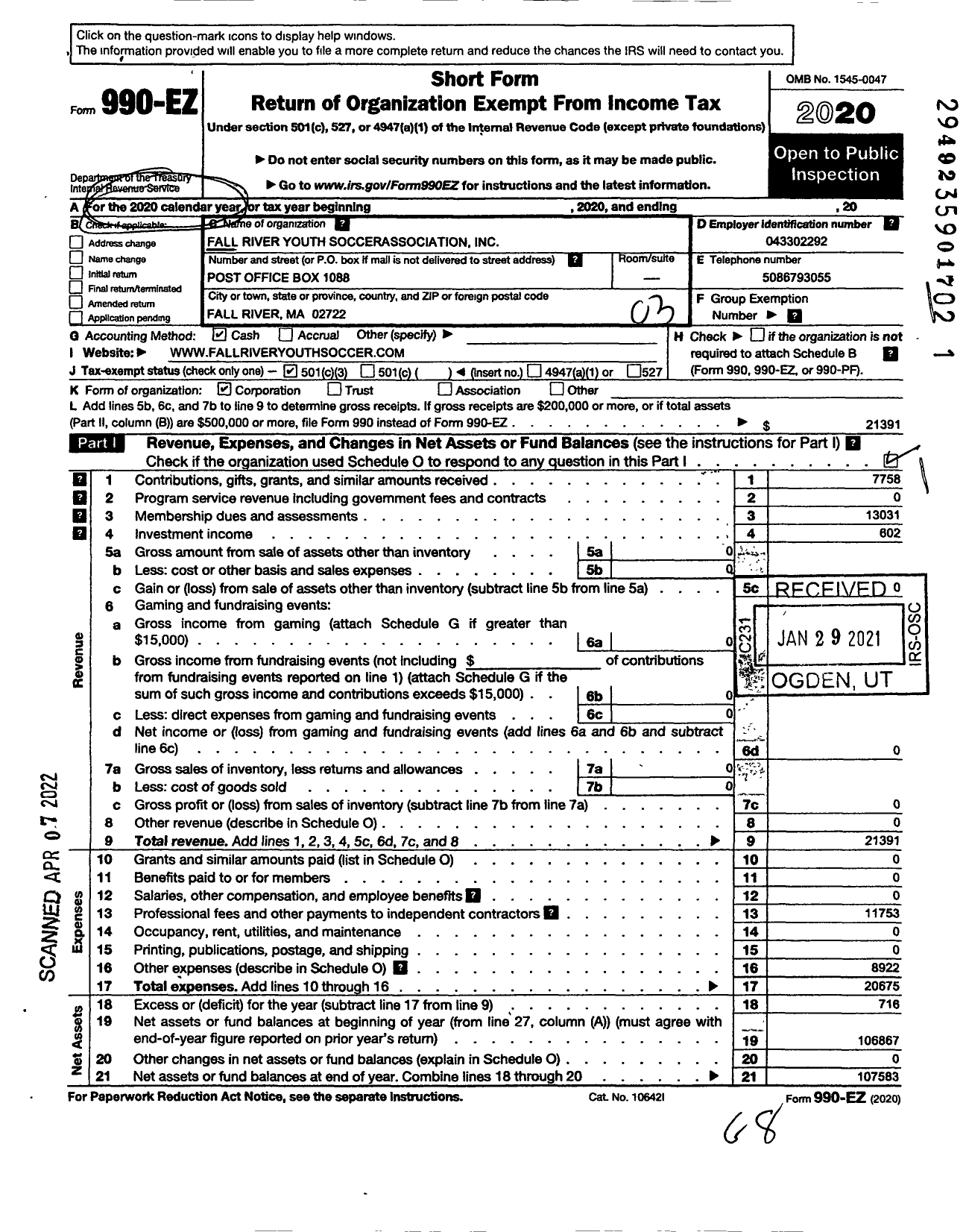 Image of first page of 2020 Form 990EZ for Fall River Youth Soccer Association